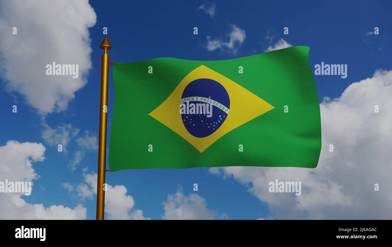 National flag of Brazil waving 3D Render with flagpole and blue sky, Brazil flag textile or Bandeira do Brasil, Federative Republic of Brazil Stock Photo
