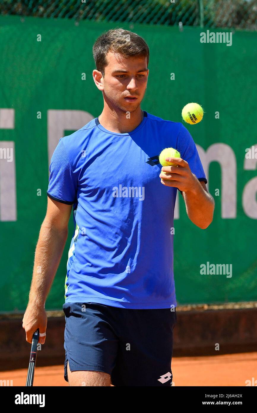 Rome, Italy. 29th Apr, 2022. Ergi Kirkin (TUR) during the quarter-finals at the ATP Challenger Roma Open 2022, tennis tournament on April 29, 2022 at Garden Tennis Club in Rome, Italy (Photo by Domenico Cippitelli/Pacific Press) Credit: Pacific Press Media Production Corp./Alamy Live News Stock Photo