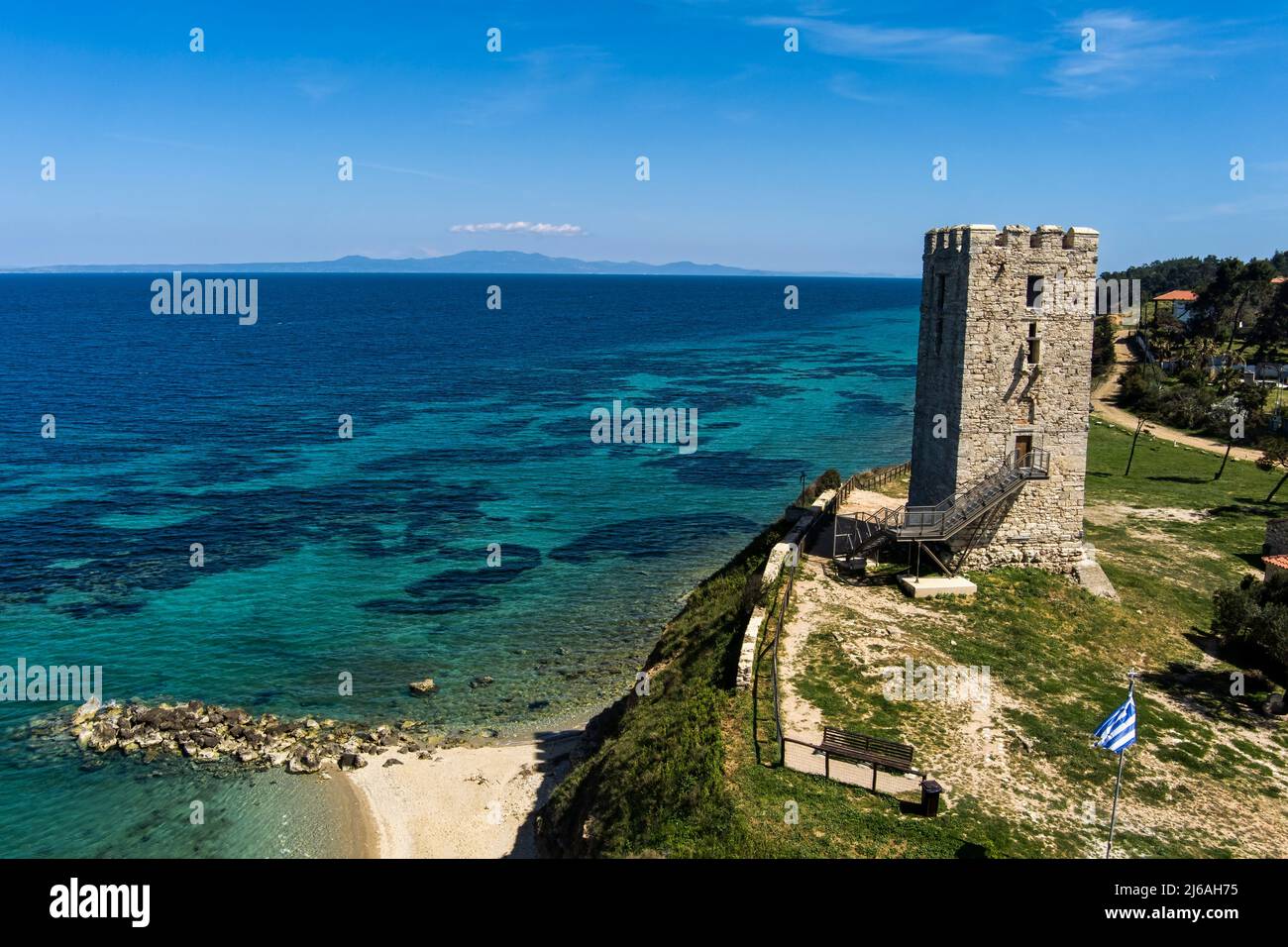 aerial-view-of-byzantine-tower-and-beach-of-village-nea-fokea-in