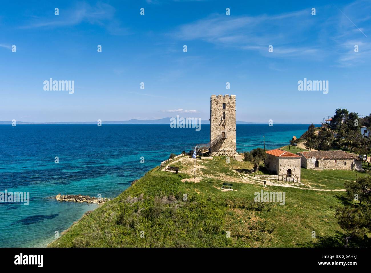 Aerial View Of Byzantine Tower And Beach Of Village Nea Fokea In aerial-view-of-byzantine-tower-and-beach-of-village-nea-fokea-in
