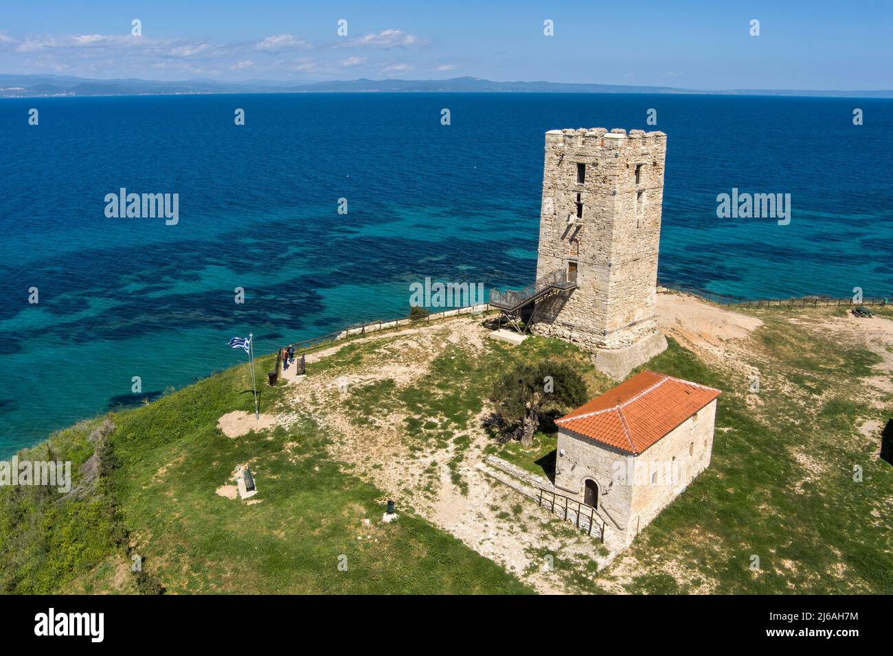Aerial View Of Byzantine Tower And Beach Of Village Nea Fokea In aerial-view-of-byzantine-tower-and-beach-of-village-nea-fokea-in