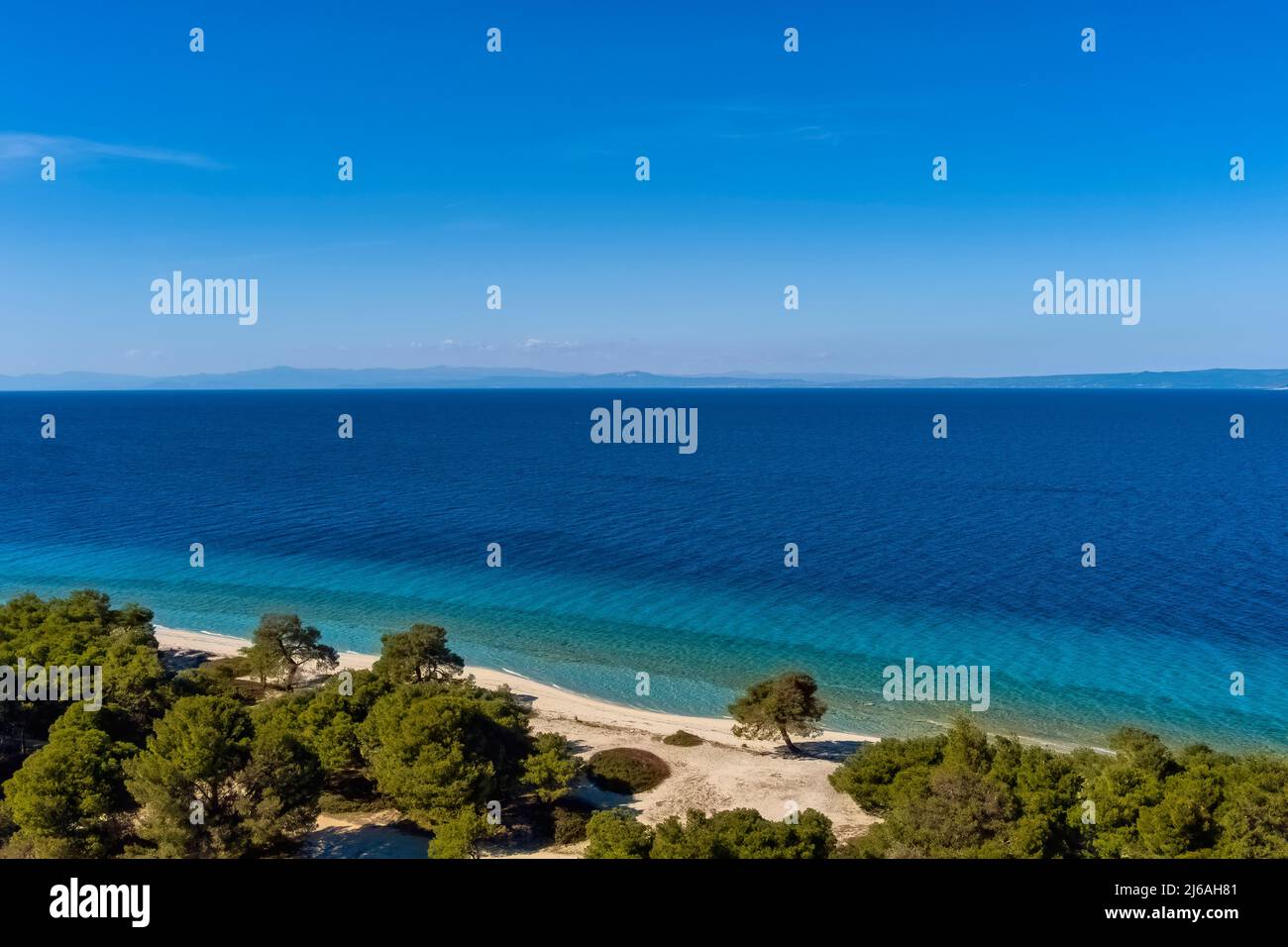 Aerial view of Glarokavos beach in Kassandra peninsula. Halkidiki