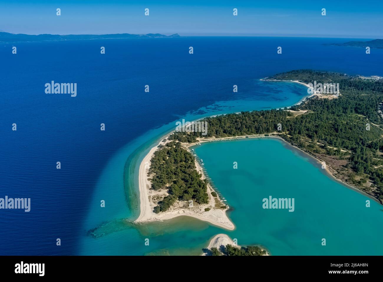 Aerial view of Glarokavos beach in Kassandra peninsula. Halkidiki