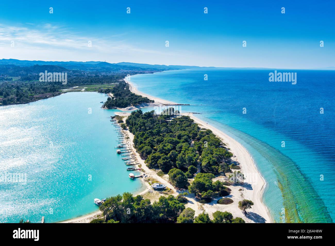 Aerial view of Glarokavos beach in Kassandra peninsula. Halkidiki