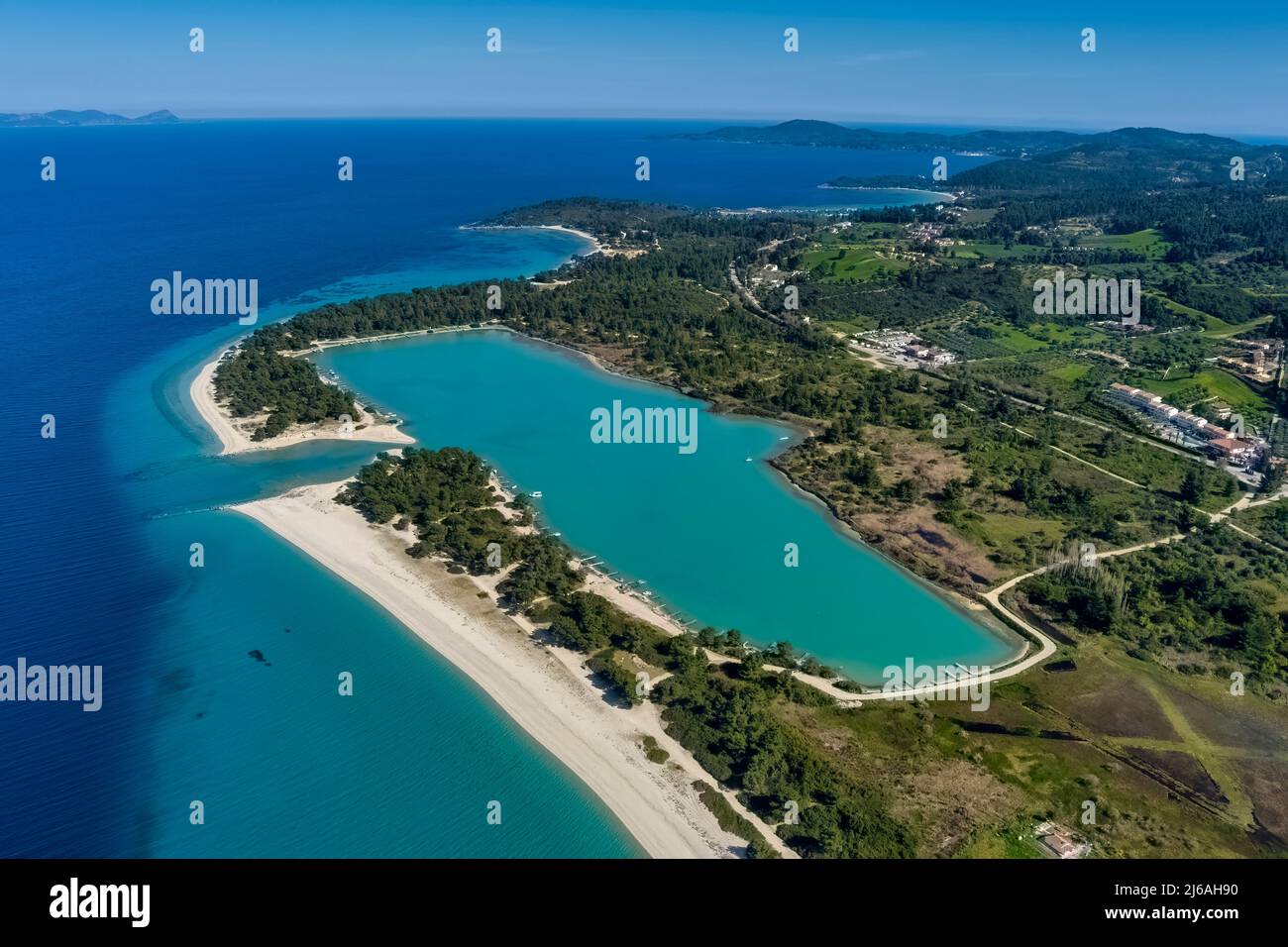 Aerial view of Glarokavos beach in Kassandra peninsula. Halkidiki