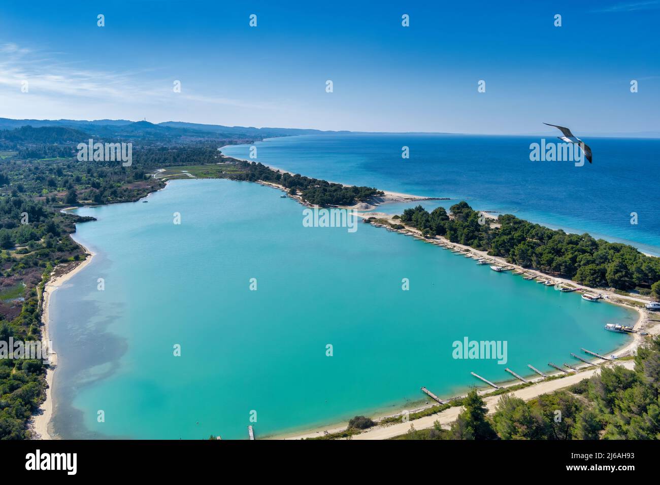 Aerial view of Glarokavos beach in Kassandra peninsula. Halkidiki