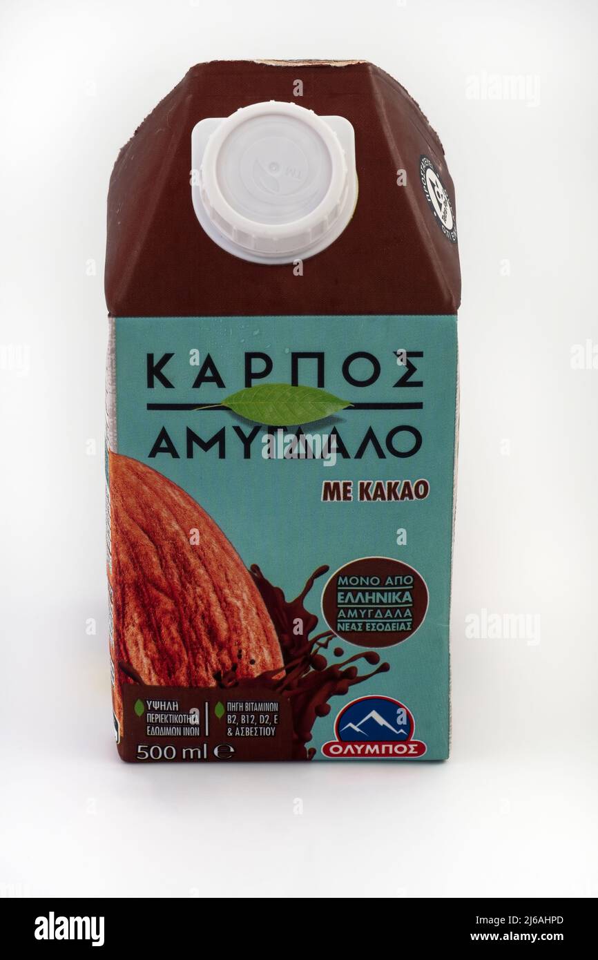 Almond milk with cocoa and Hellenic almonds by Greek firm Olympos with logo on cardboard 500 ml pack Stock Photo