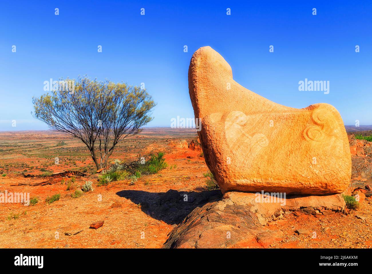Seal shape sandstone rock sculpture in public park of Broken Hill silver city, Australian outback. Stock Photo