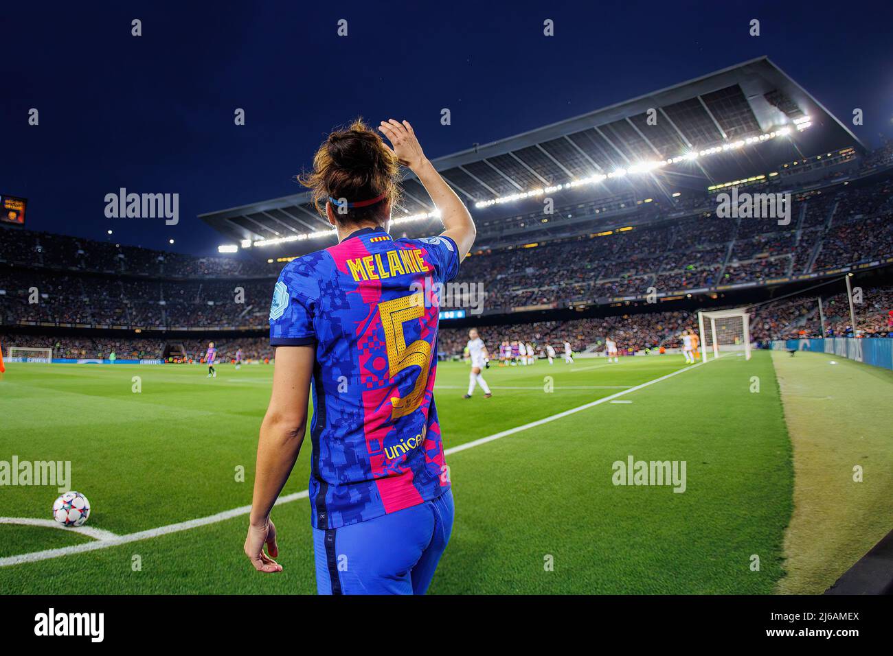 BARCELONA - MAR 30: Melanie Serrano in action during the UEFA Women's Champions League match between FC Barcelona and Real Madrid at the Camp Nou Stad Stock Photo