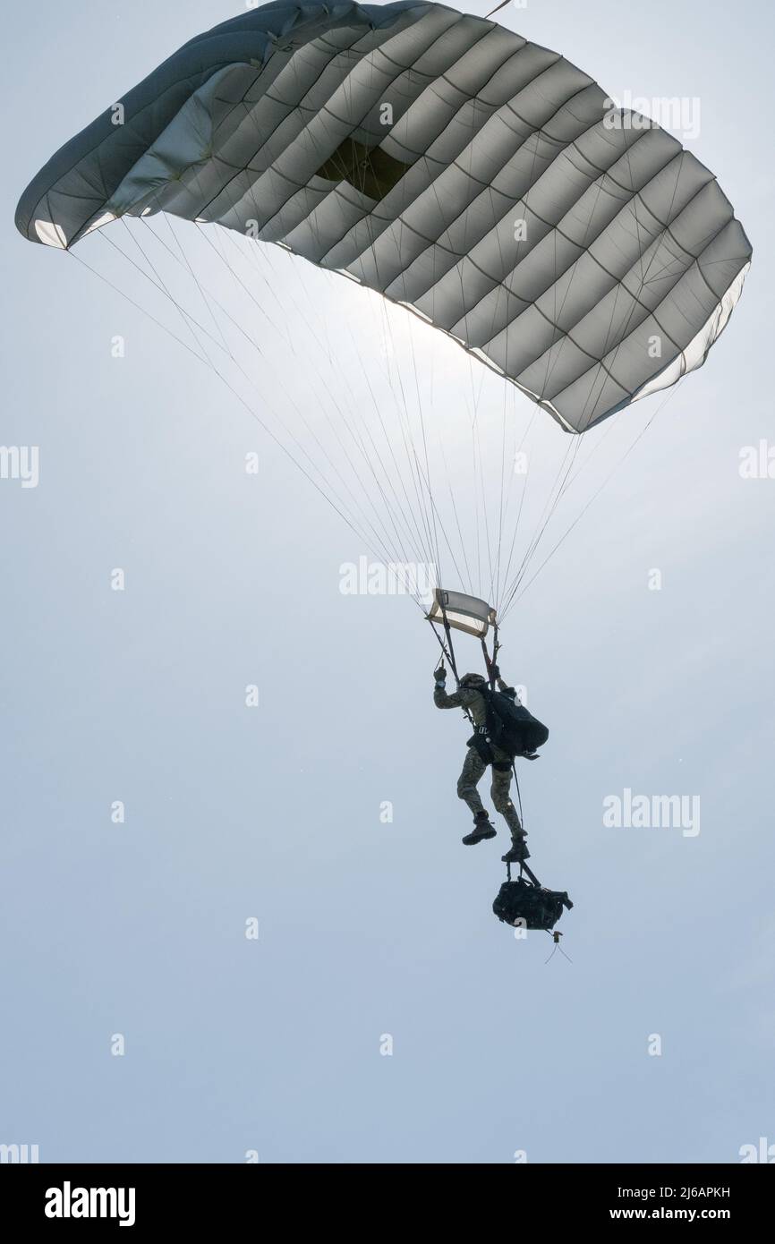 A Belgian Paratrooper performs a freefall jump as jumpmasters assigned ...