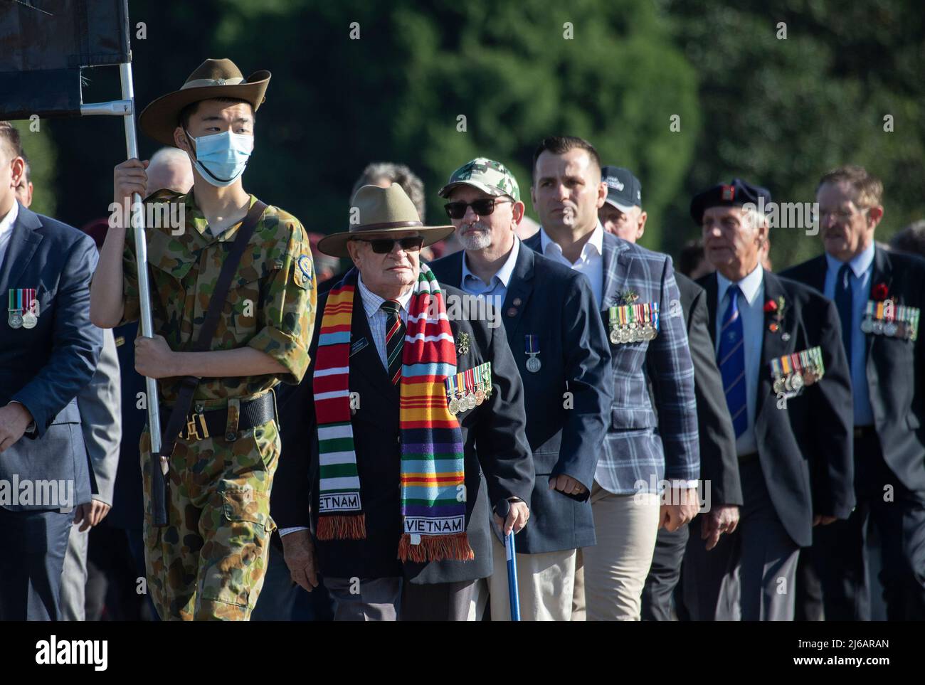 Melbourne Australia: Anzac Day parade at Shrine of Remembrance. ANZAC' stands for Australian and New Zealand Army Corps. Stock Photo