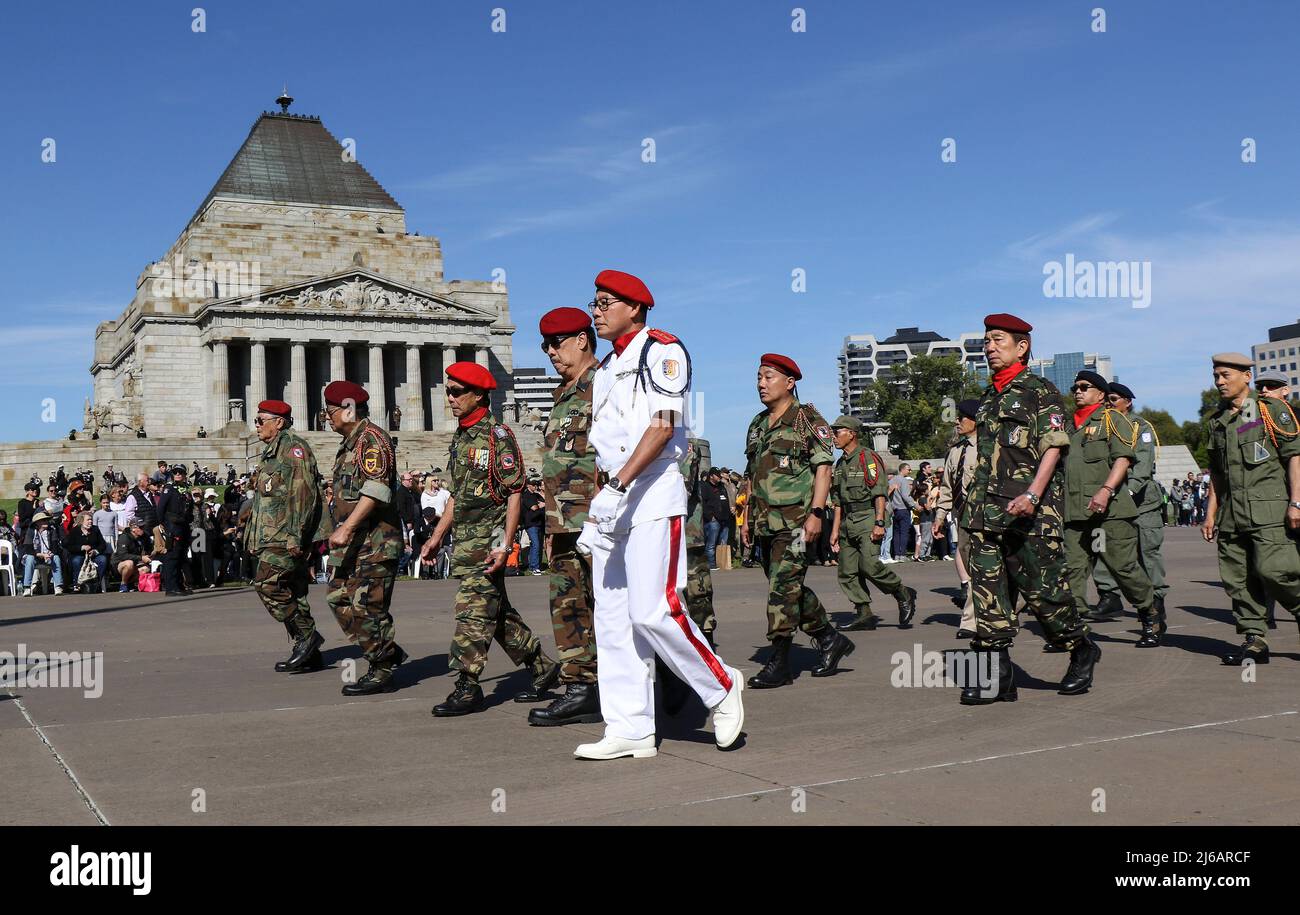 Melbourne Australia: Anzac Day parade at Shrine of Remembrance. ANZAC' stands for Australian and New Zealand Army Corps. Stock Photo