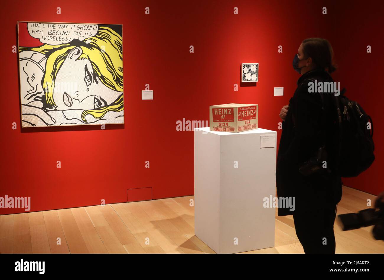 April 29, 2022, New York, New York, USA: A view of â€˜Litchenstein But Itâ€™s Hopelessâ€™ by Elaine Sturtevant andâ€™ Heinz Tomato Ketchup Boxâ€™ by Andy Warhol from the Collection of Thomas and Doris Ammann, seen at the press preview for Christieâ€™s Auction House upcoming 20th/21st Century sale held at Christieâ€™s Rockefeller Plaza. (Credit Image: © Nancy Kaszerman/ZUMA Press Wire) Stock Photo