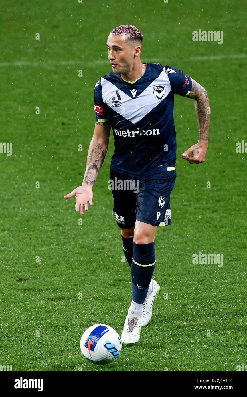 Melbourne, Australia, 29 April, 2022. Jason Davidson of Melbourne Victory controls the ball during the A-League soccer match between Melbourne Victory and Wellington Phoenix at AAMI Park on April 29, 2022 in Melbourne, Australia. Credit: Dave Hewison/Speed Media/Alamy Live News Stock Photo