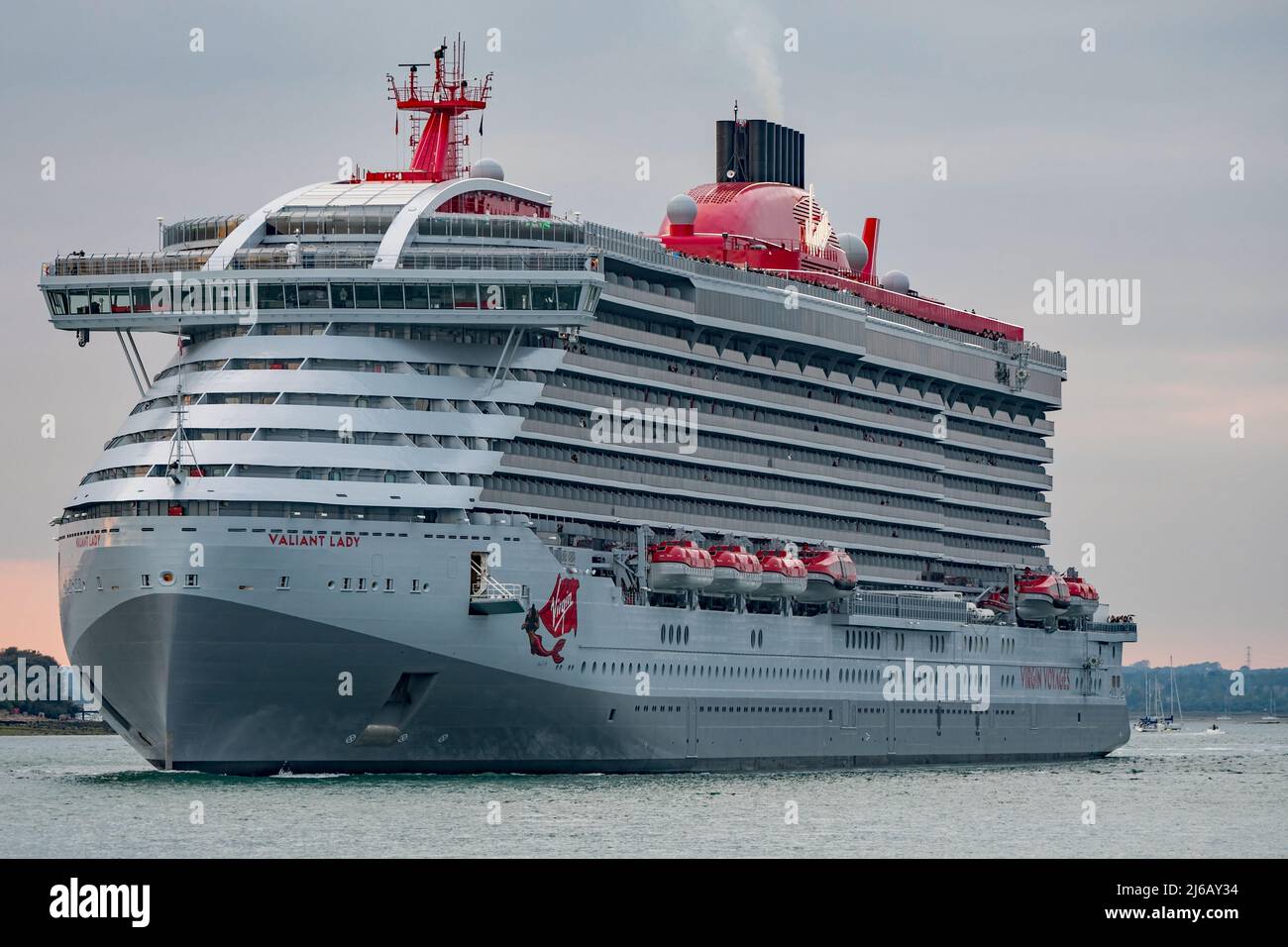 The Virgin Voyages cruise ship Valiant Lady departed Portsmouth, UK on the 29th April 2022 for a short European cruise. Stock Photo
