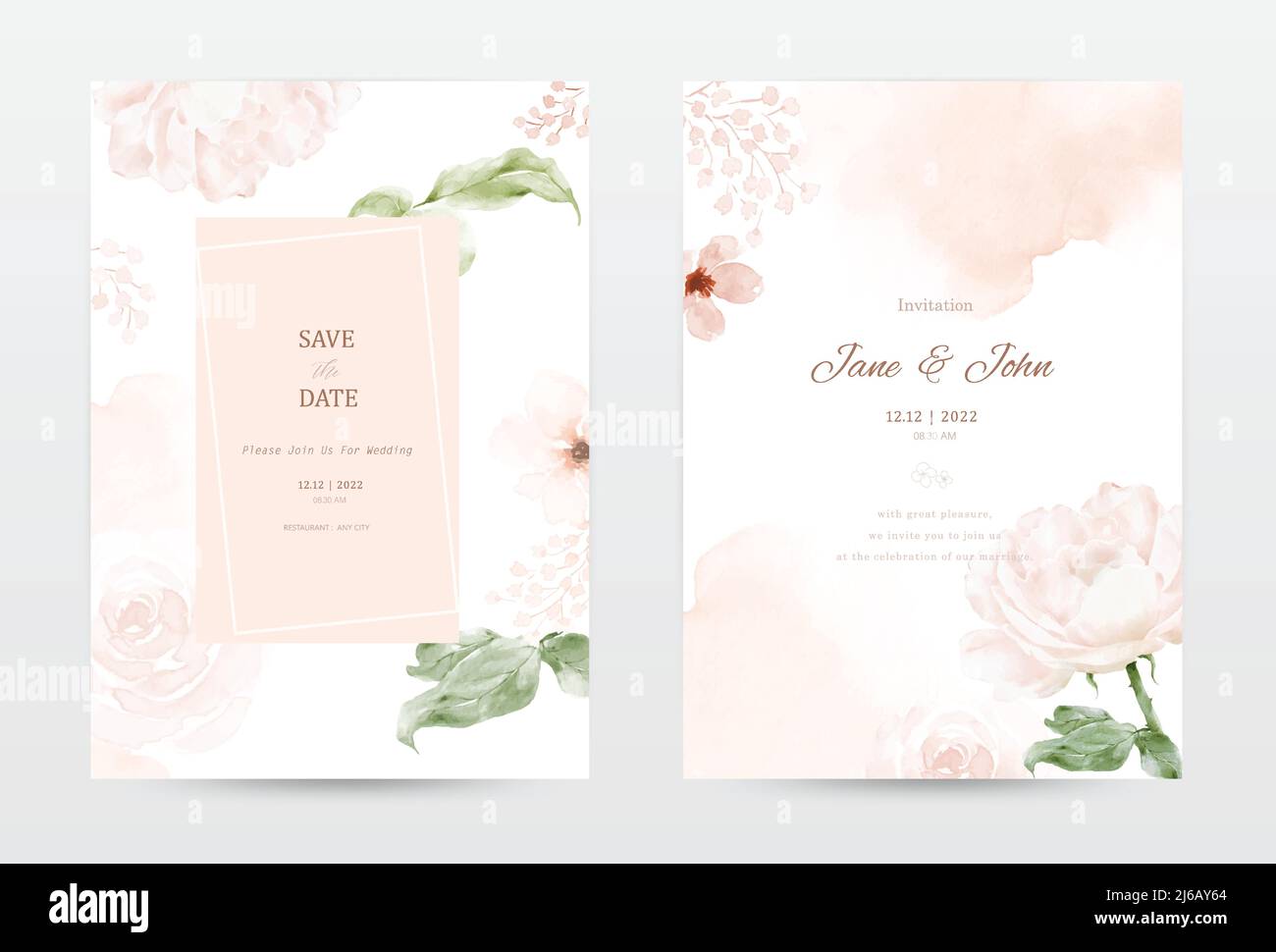 Rose and leaves watercolor invitation template cards set. Collection watercolor botanical vector suitable for Wedding Invitation, save the date, thank Stock Vector