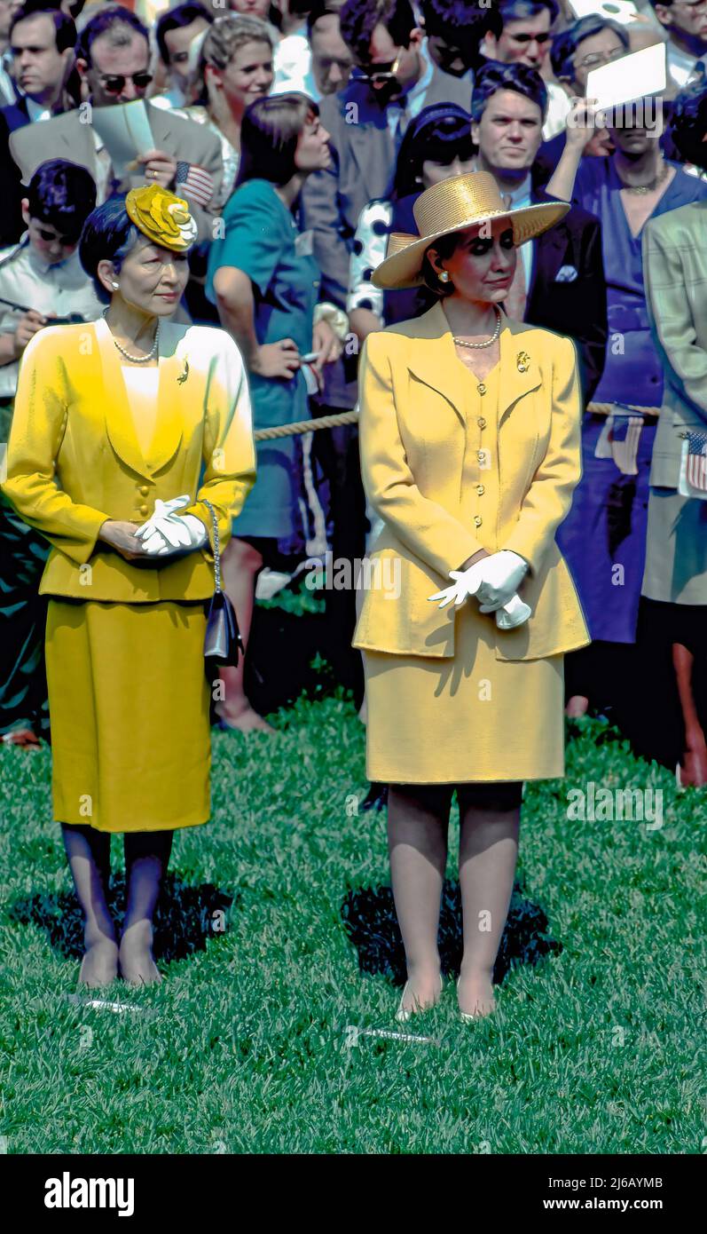 Washington DC - JUNE 13, 1993 Japanese Empress Michiko stands along ...