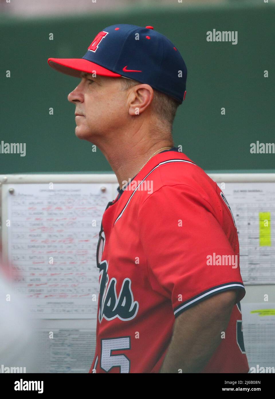 April 29, 2022 Ole Miss Head Coach Mike Bianco looks on from the dug