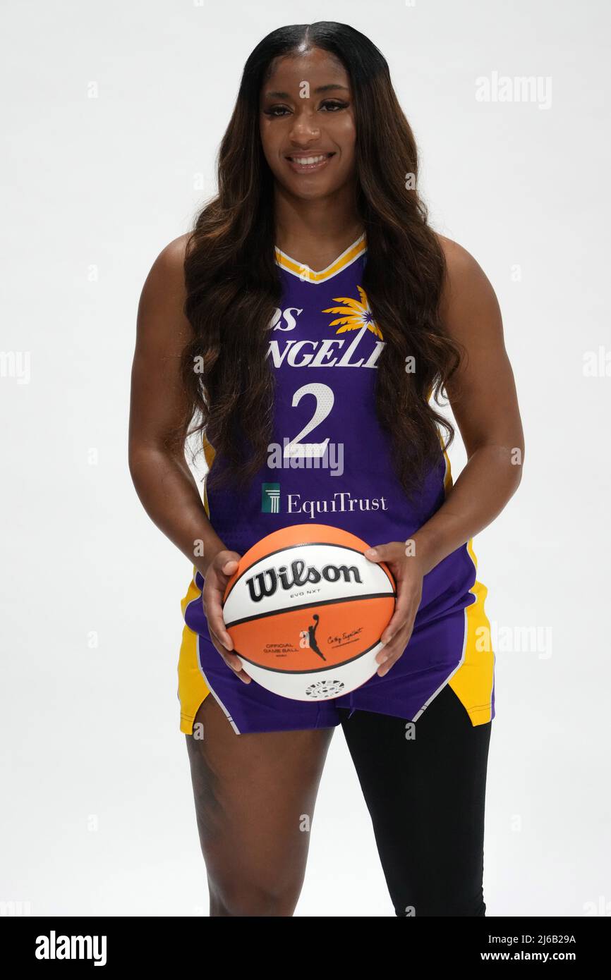 Los Angeles Sparks guard Te'a Cooper (2) poses during media day, Wednesday, Apr. 27, 2022, in