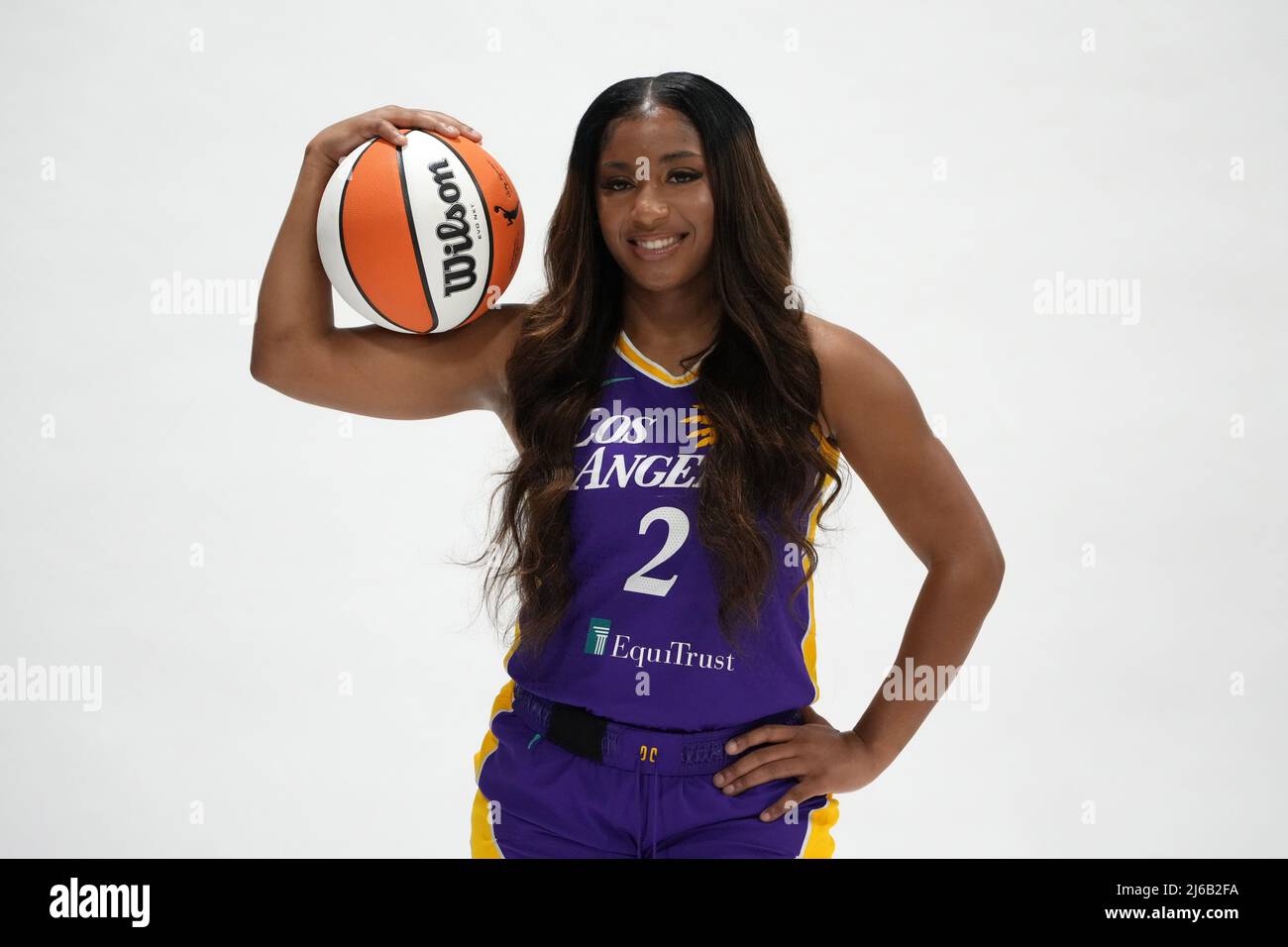 Los Angeles Sparks guard Te'a Cooper (2) poses during media day, Wednesday, Apr. 27, 2022, in