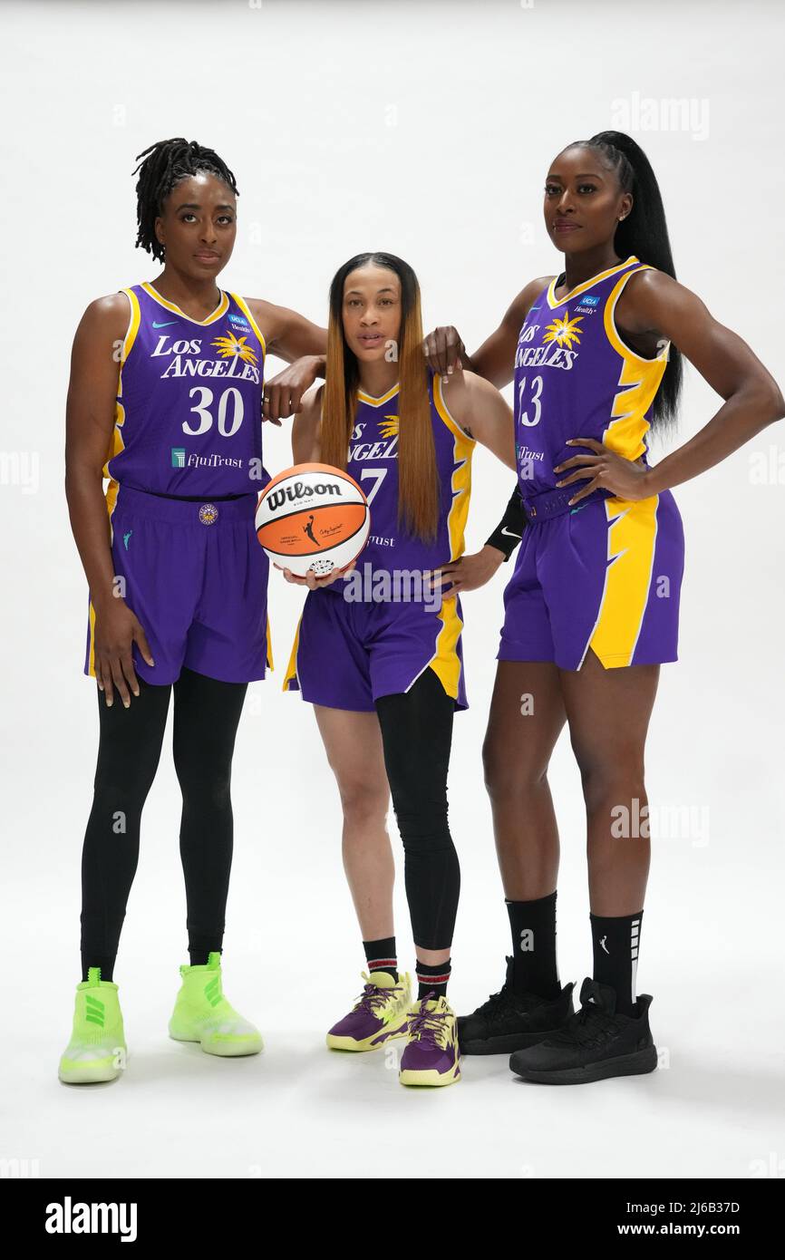 Los Angeles Sparks forward Nneka Ogwumike (30) and guard Chennedy Carter  (7) pose during media day, Wednesday, Apr. 27, 2022, in Torrance, Calif.  Photo via Newscom Stock Photo - Alamy