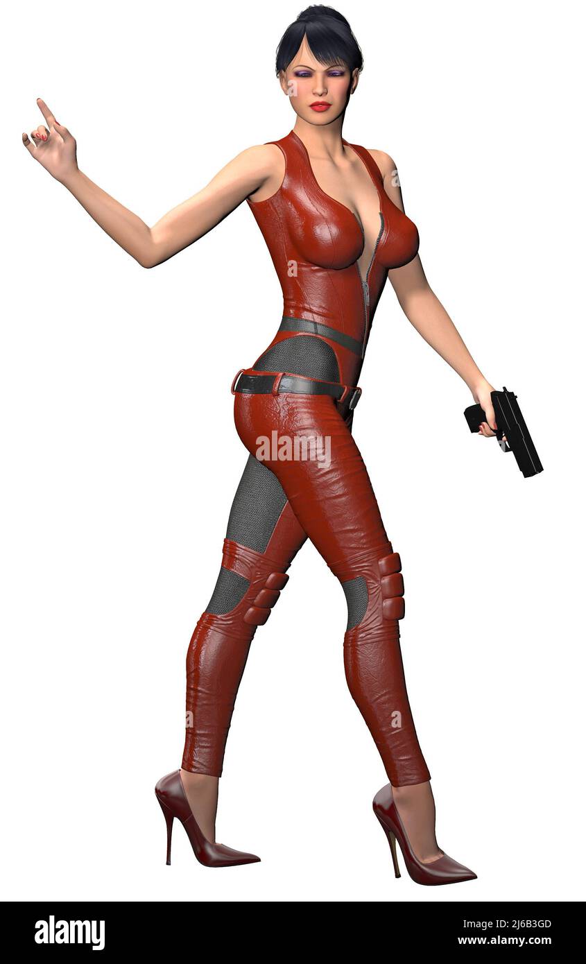 3d render of a woman wearing a red dress and high heel shoes, armed with gun Stock Photo