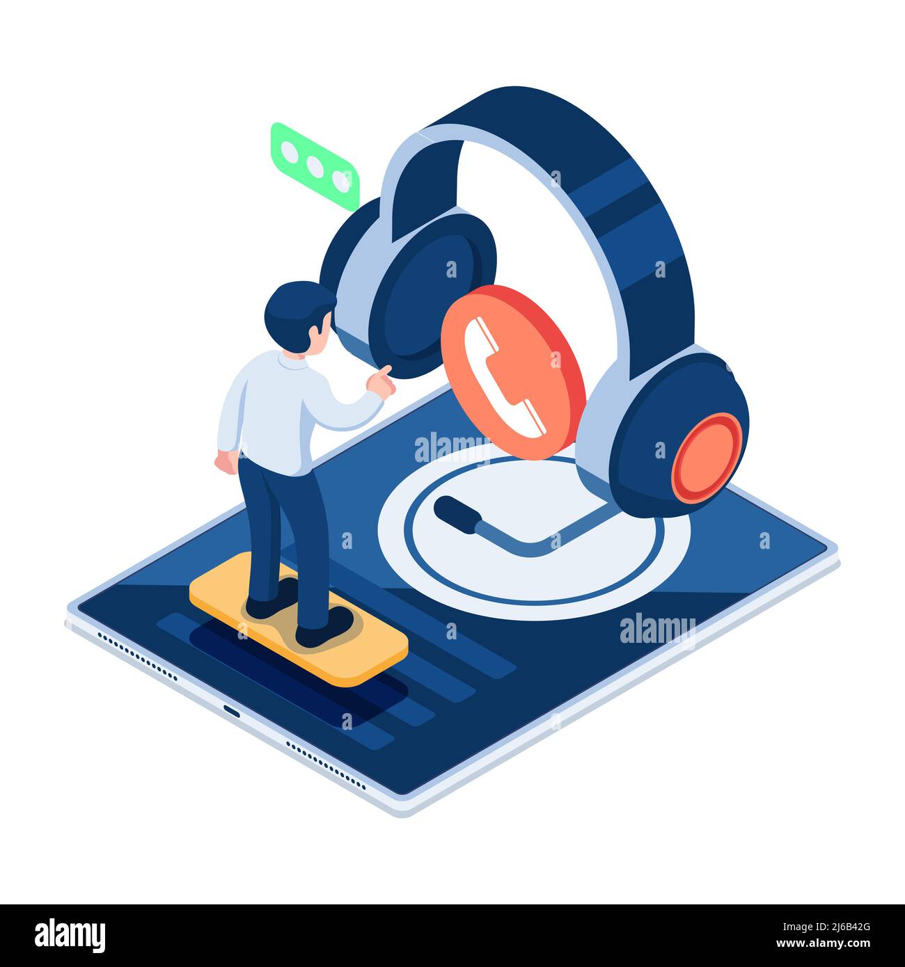 Flat 3d Isometric Businessman Touching Headsets with Phone Call Icon. Customer Service and Technical Support Concept. Stock Vector