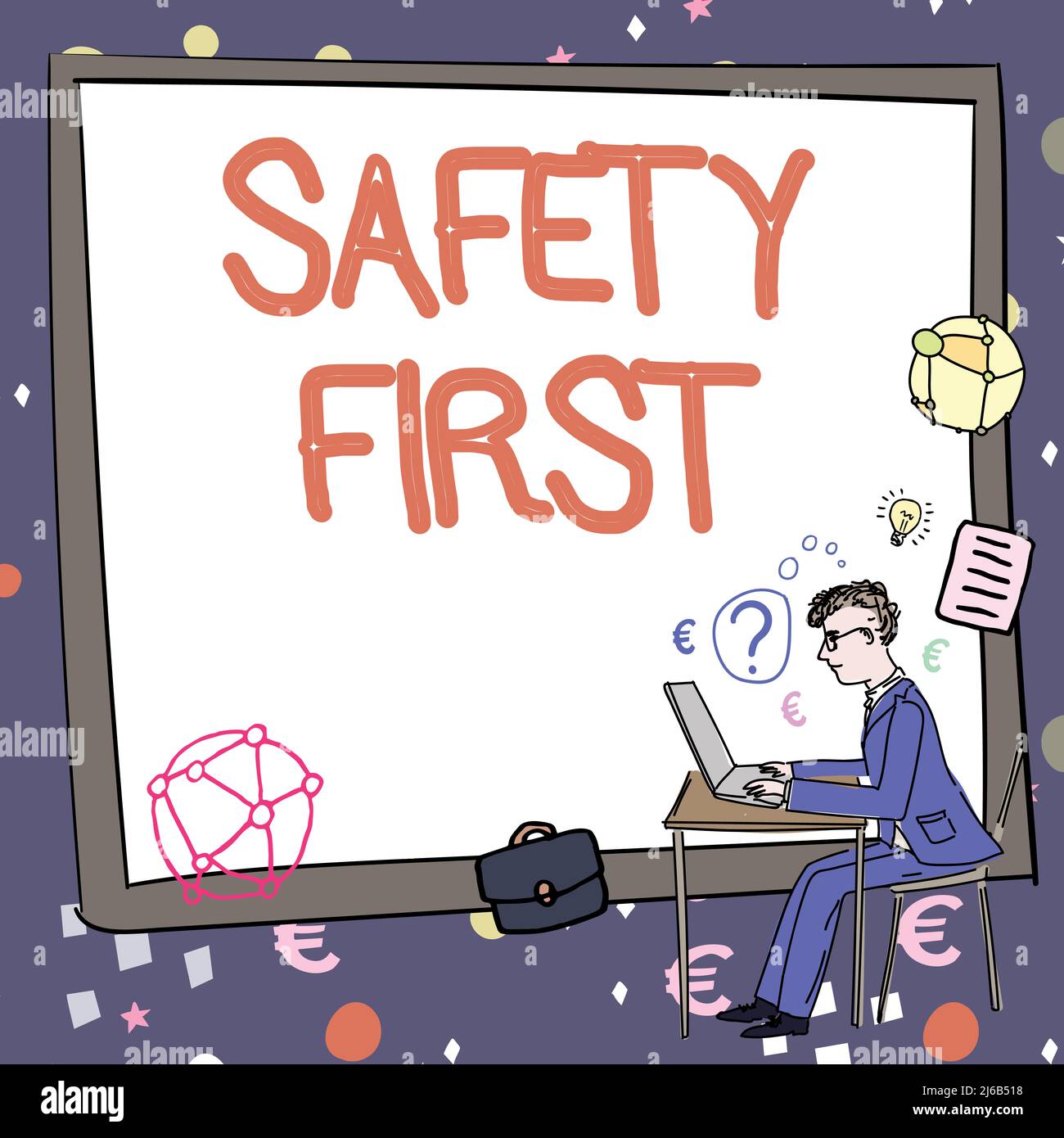 Text caption presenting Safety First. Business concept Avoid any unnecessary risk Live Safely Be Careful Pay attention Man working on computer Stock Photo