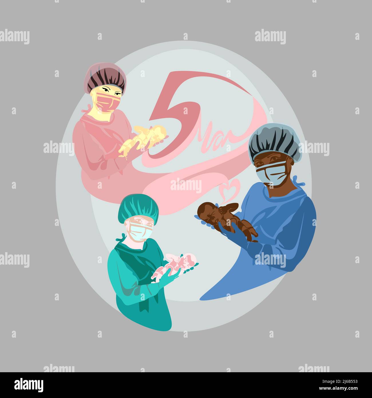 African american, asian and european female happy smiling beautiful nurses carefully holding newborn baby, in scrubs, face mask, gloves. Midwife Inter Stock Vector