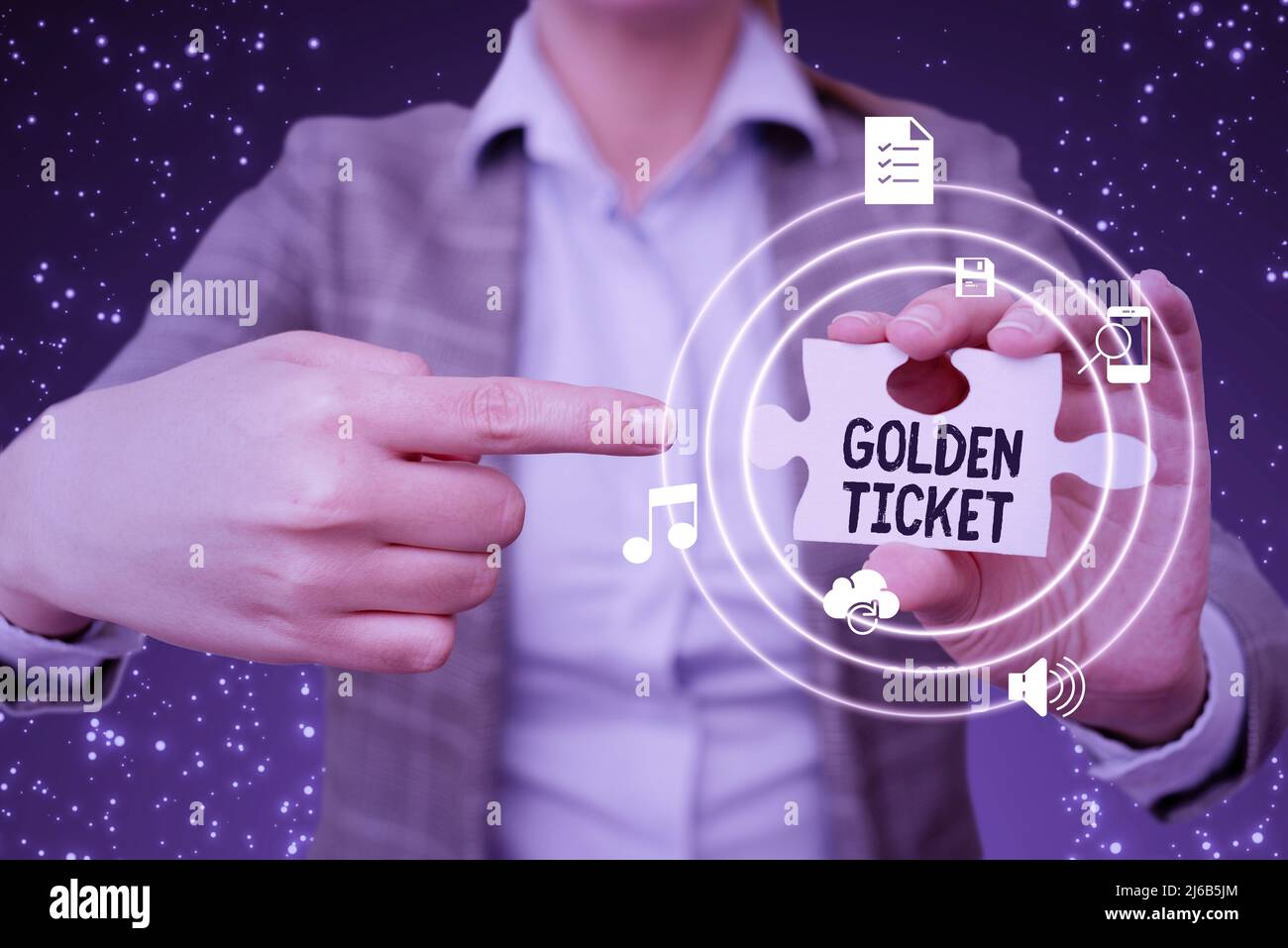 Text caption presenting Golden Ticket. Business idea Rain Check Access VIP  Passport Box Office Seat Event Lady in suit pointing puzzle piece Stock  Photo - Alamy