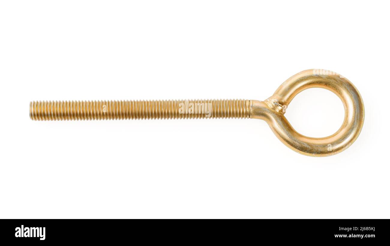 Long golden eye bolt. Heavy bolt with ring isolated on white, clipping path included Stock Photo
