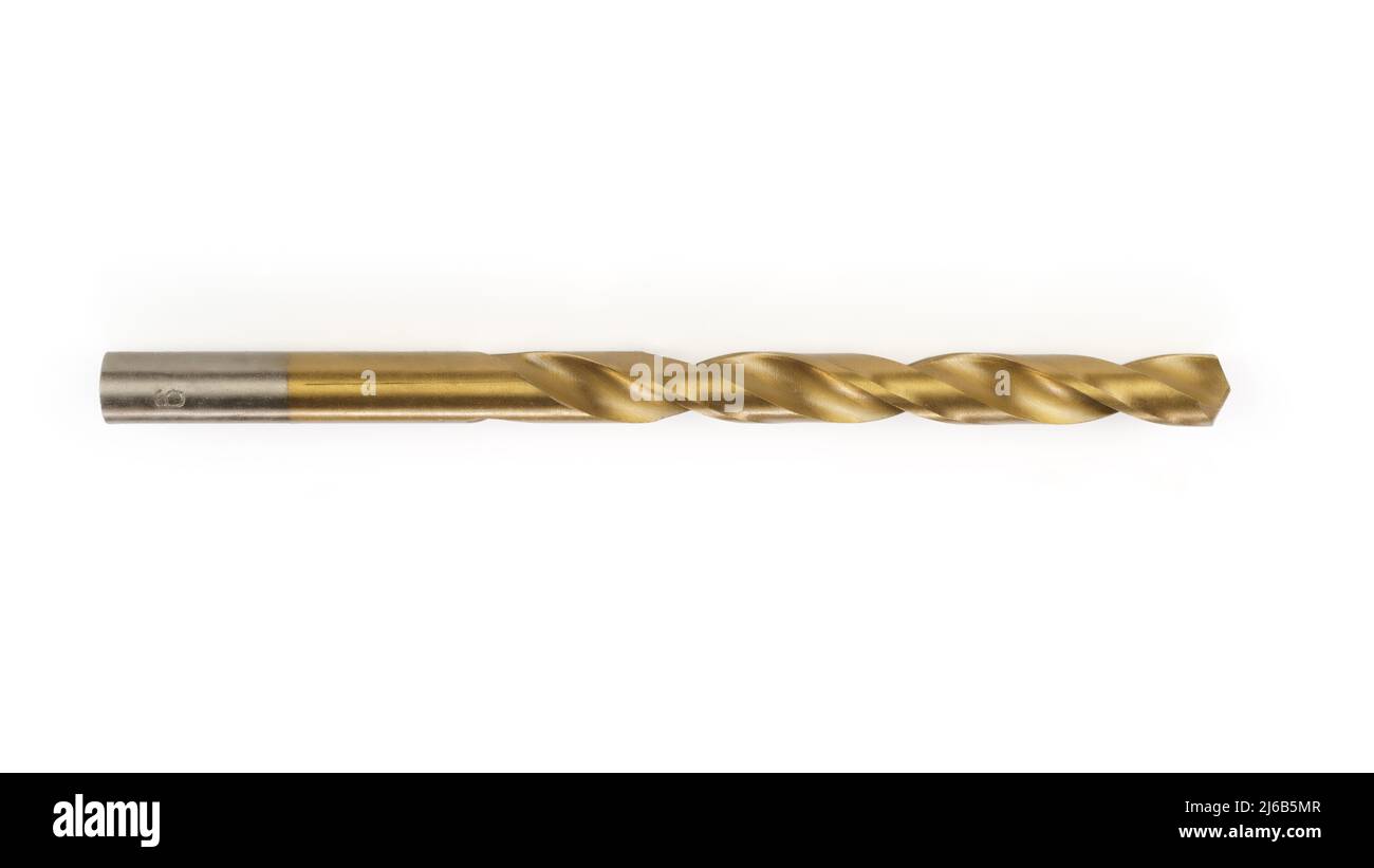 Close-up of a gold colored drill. Drill macro shot isolated on white, clipping path included Stock Photo