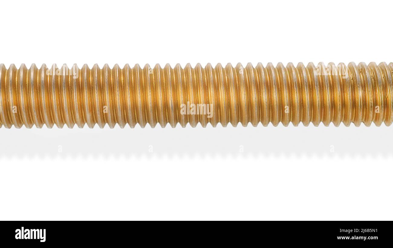 Thread of huge bright and shining golden screw close-up. Isolated on white, clipping path included Stock Photo