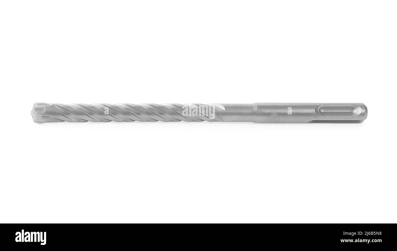 Close-up of a large and long concrete drill. Drill macro shot isolated on white, clipping path included Stock Photo