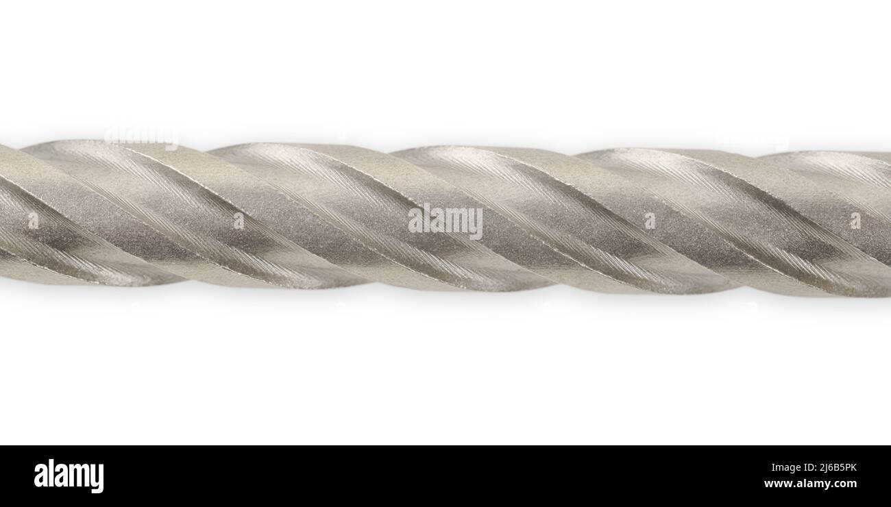 Extreme close-up of a large concrete drill. Drill texture macro shot isolated on white, clipping path included Stock Photo