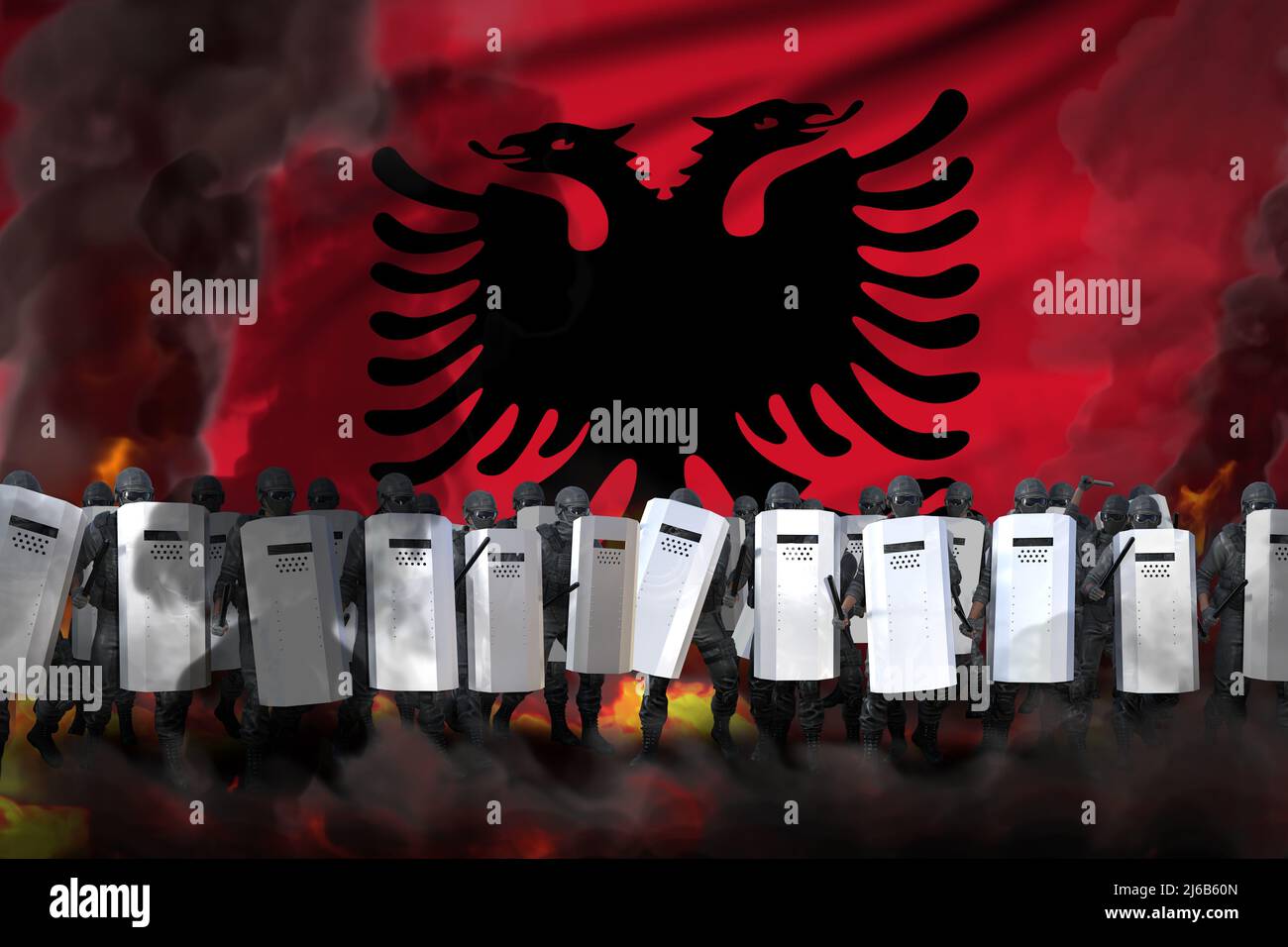 Albania police special forces in heavy smoke and fire protecting state