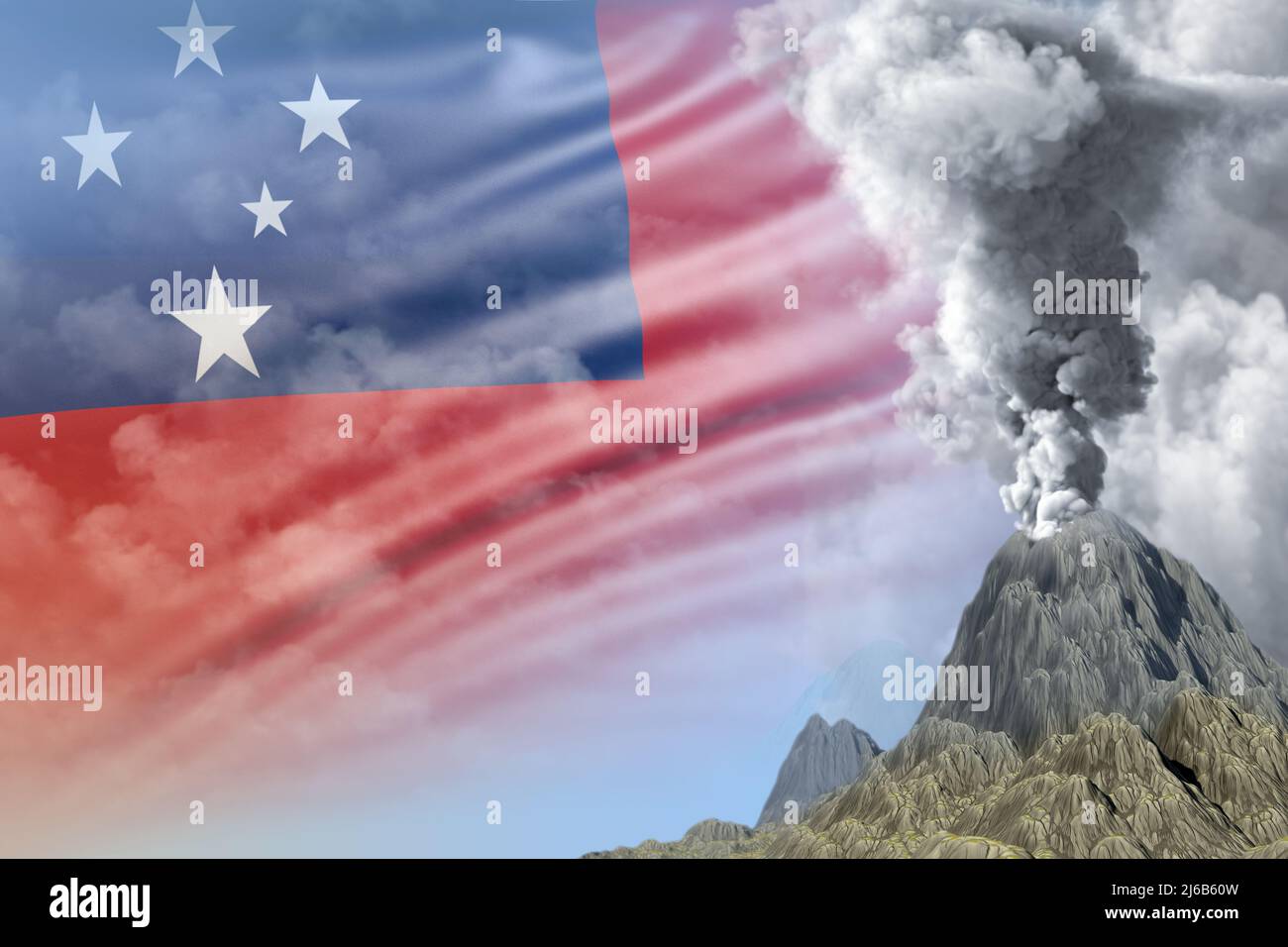 volcano blast eruption at day time with white smoke on Samoa flag background, troubles because of eruption and volcanic ash concept - 3D illustration Stock Photo