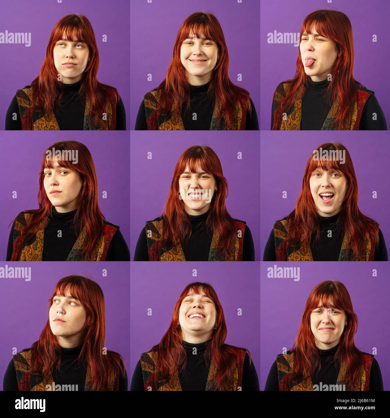 Portrait collage of girl with different facial expressions. Set of different pictures of emotional woman over purple background. Stock Photo
