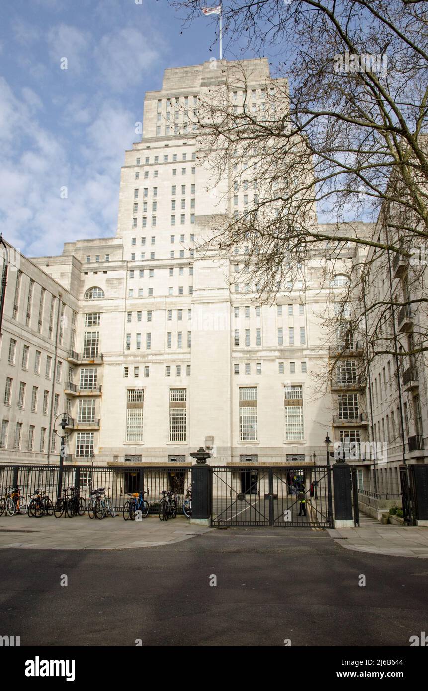 Senate House, the main administrative building for the University of London in the heart of Bloomsbury in Central London.  Viewed from Malet Street on Stock Photo