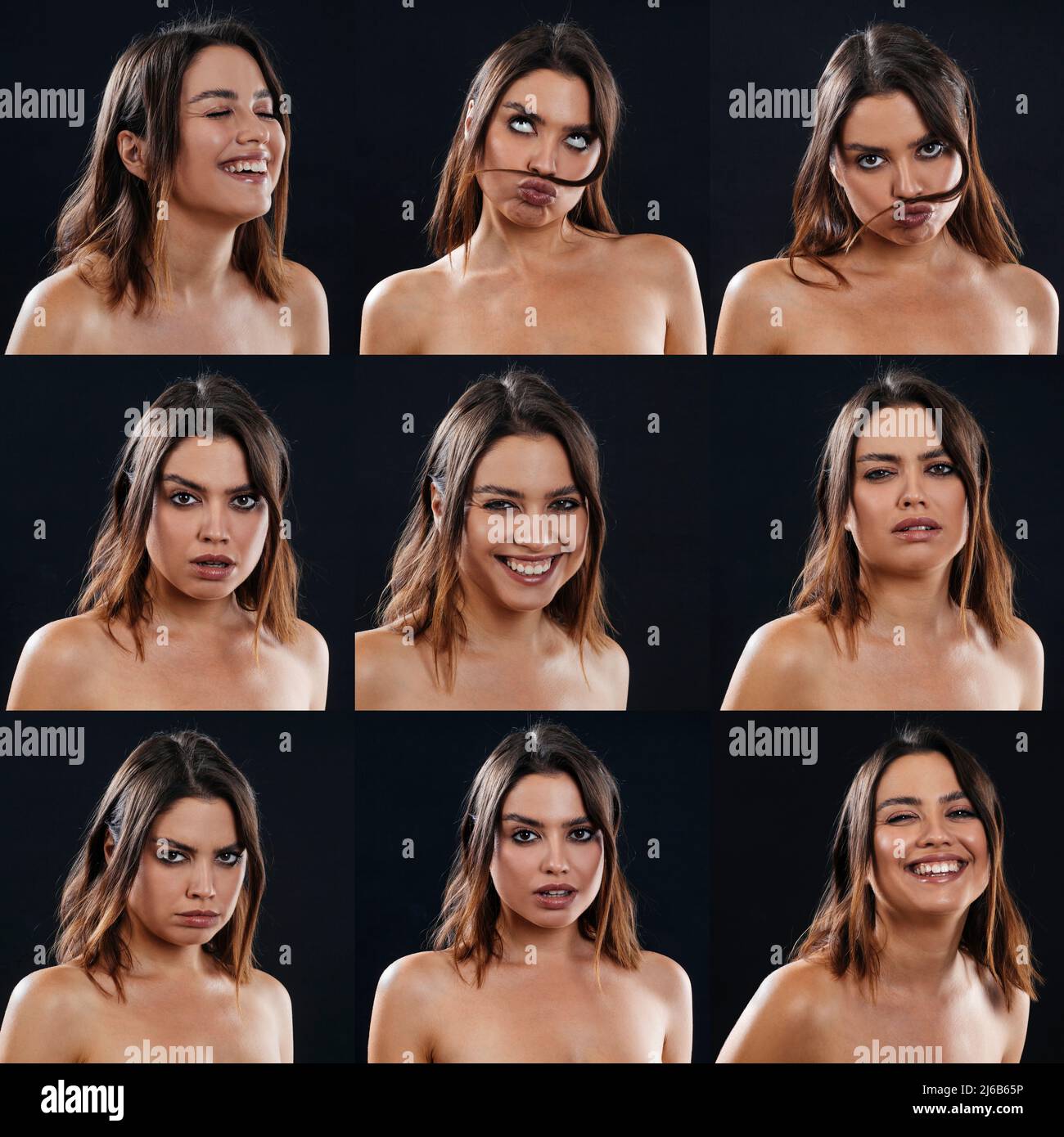 Portrait collage of girl with different facial expressions. Set of different pictures of emotional woman over dark background. Stock Photo