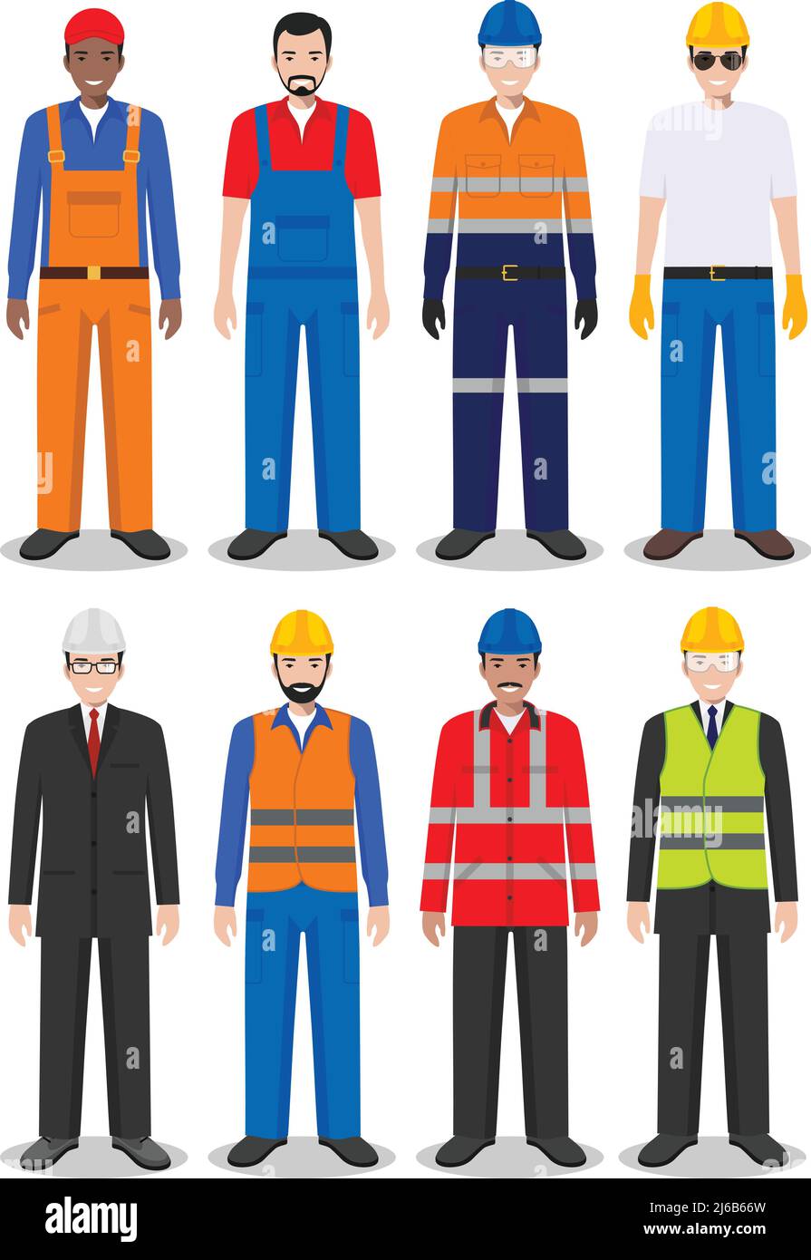 Detailed illustration of worker, builder and engineer in flat style on ...