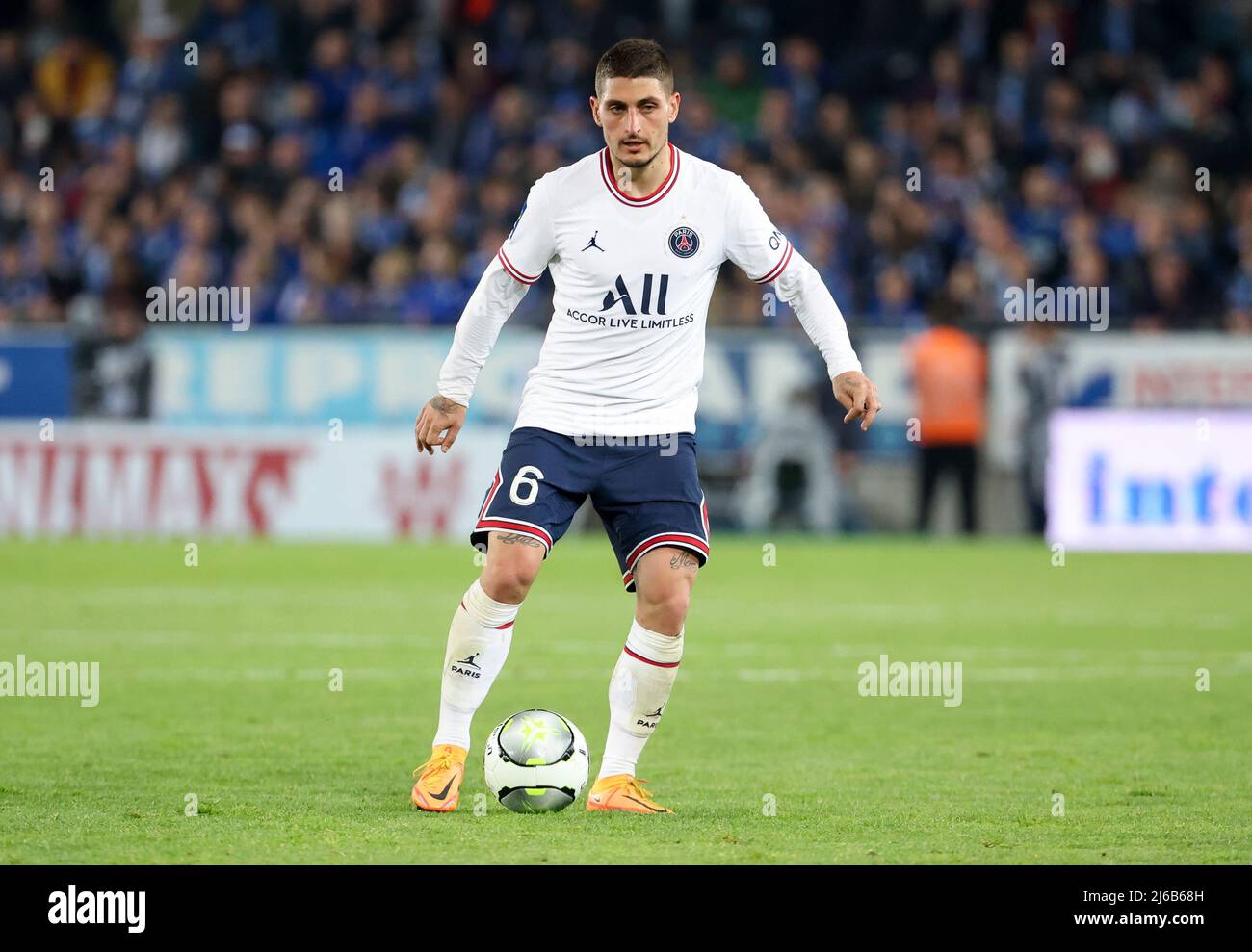Strasburg, France. 29th Apr, 2023. Marco Verratti of PSG during the French championship Ligue 1 football match between RC Strasbourg Alsace (RCSA) and Paris Saint-Germain (PSG) on April 29, 2023 at Stade