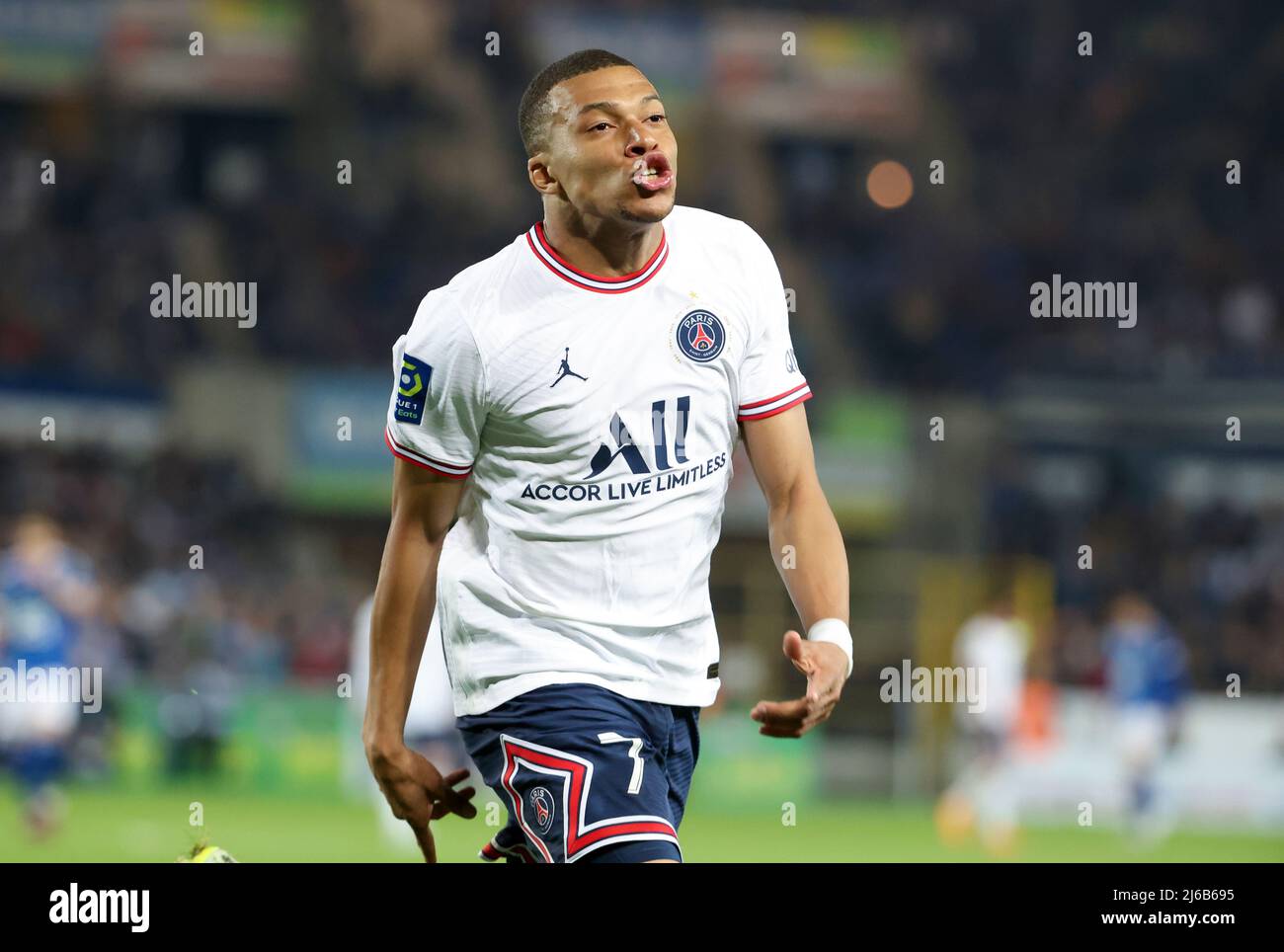 Strasburg, France. 29th Apr, 2022. Kylian Mbappe of PSG celebrates his  second goal during the French championship Ligue 1 football match between  RC Strasbourg Alsace (RCSA) and Paris Saint-Germain (PSG) on April