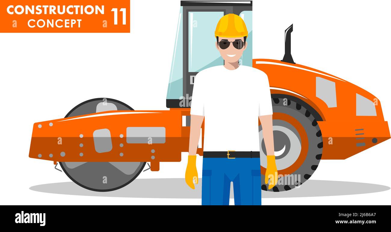 Detailed illustration of compactor and worker in flat style on white ...