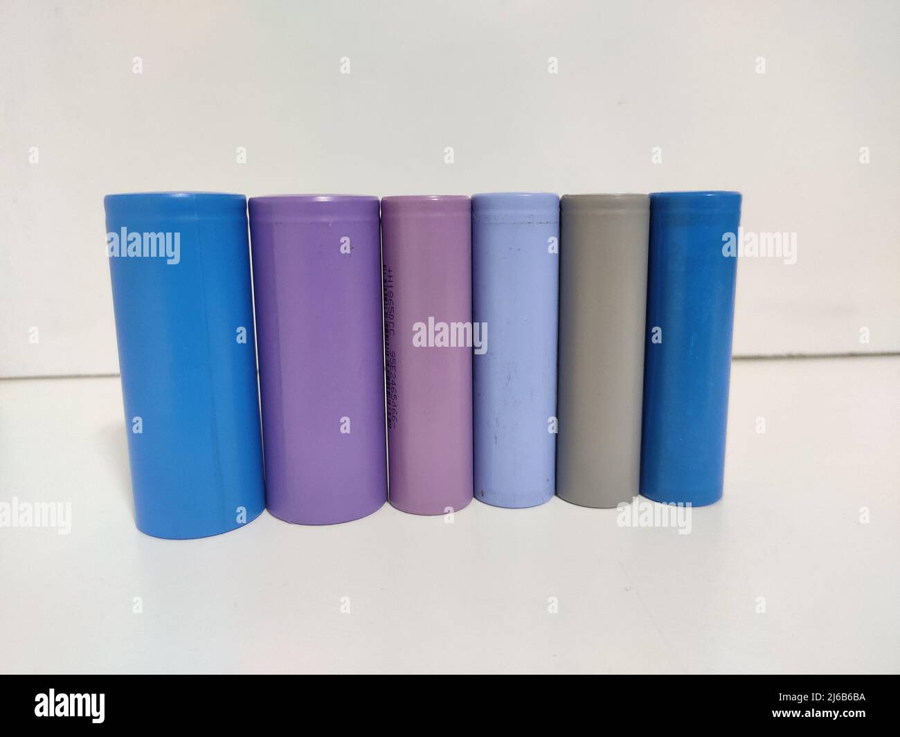 Rechargeable Lithium Cells standing straight with multiple colour and size options Stock Photo