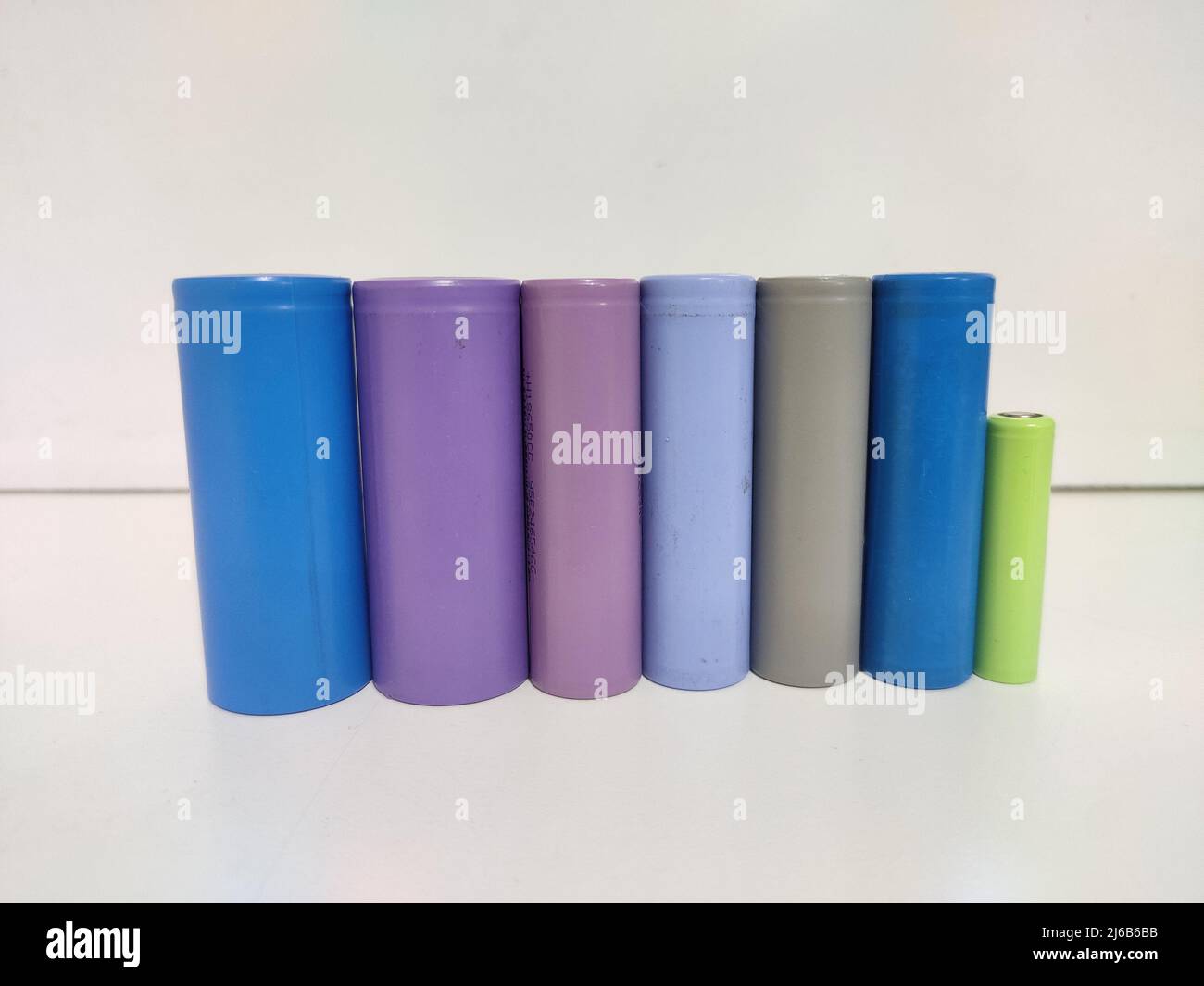 Rechargeable Lithium Cells standing straight with multiple colour and size options Stock Photo