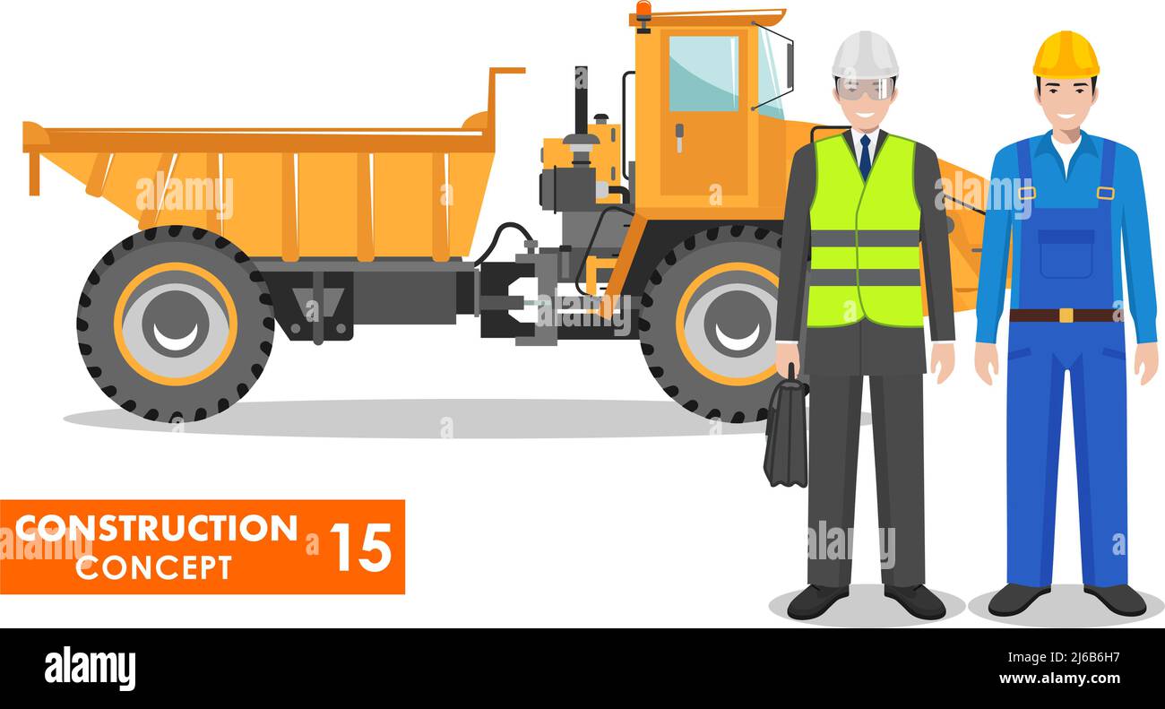 Detailed illustration of off-highway truck and miner, worker, builder, driver, engineer, businessman in flat style on white background. Heavy construc Stock Vector