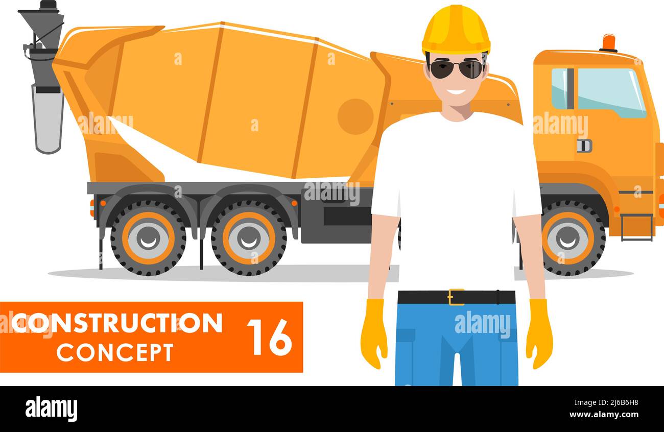 Detailed illustration of concrete mixer and worker, builder, driver in flat style on white background. Heavy construction equipment and machinery. Stock Vector