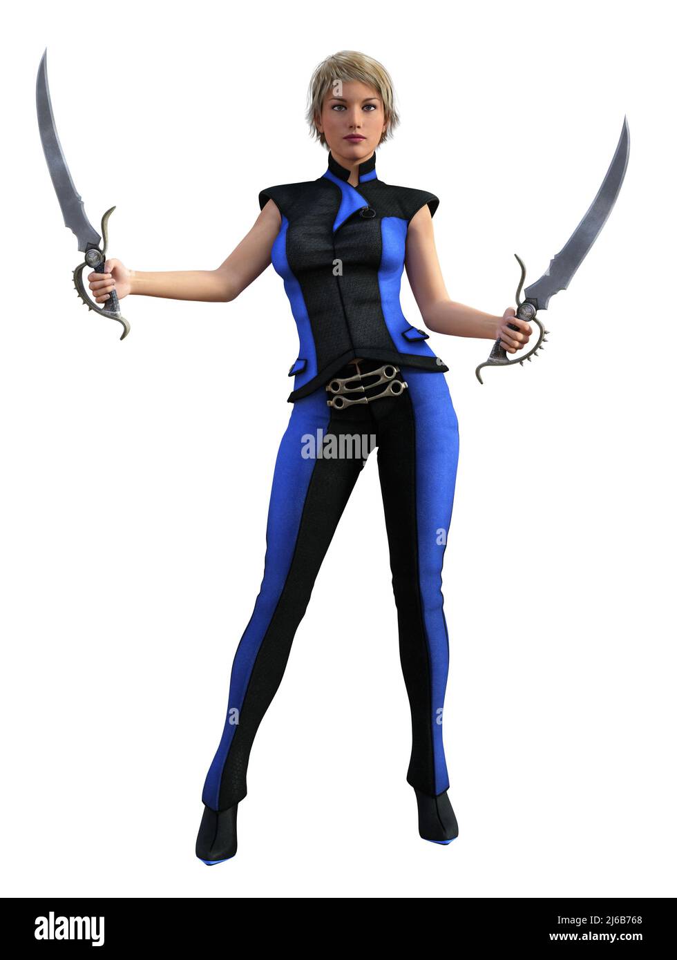 Futuristic warrior woman armed with swords, blue uniform, 3d illustration Stock Photo