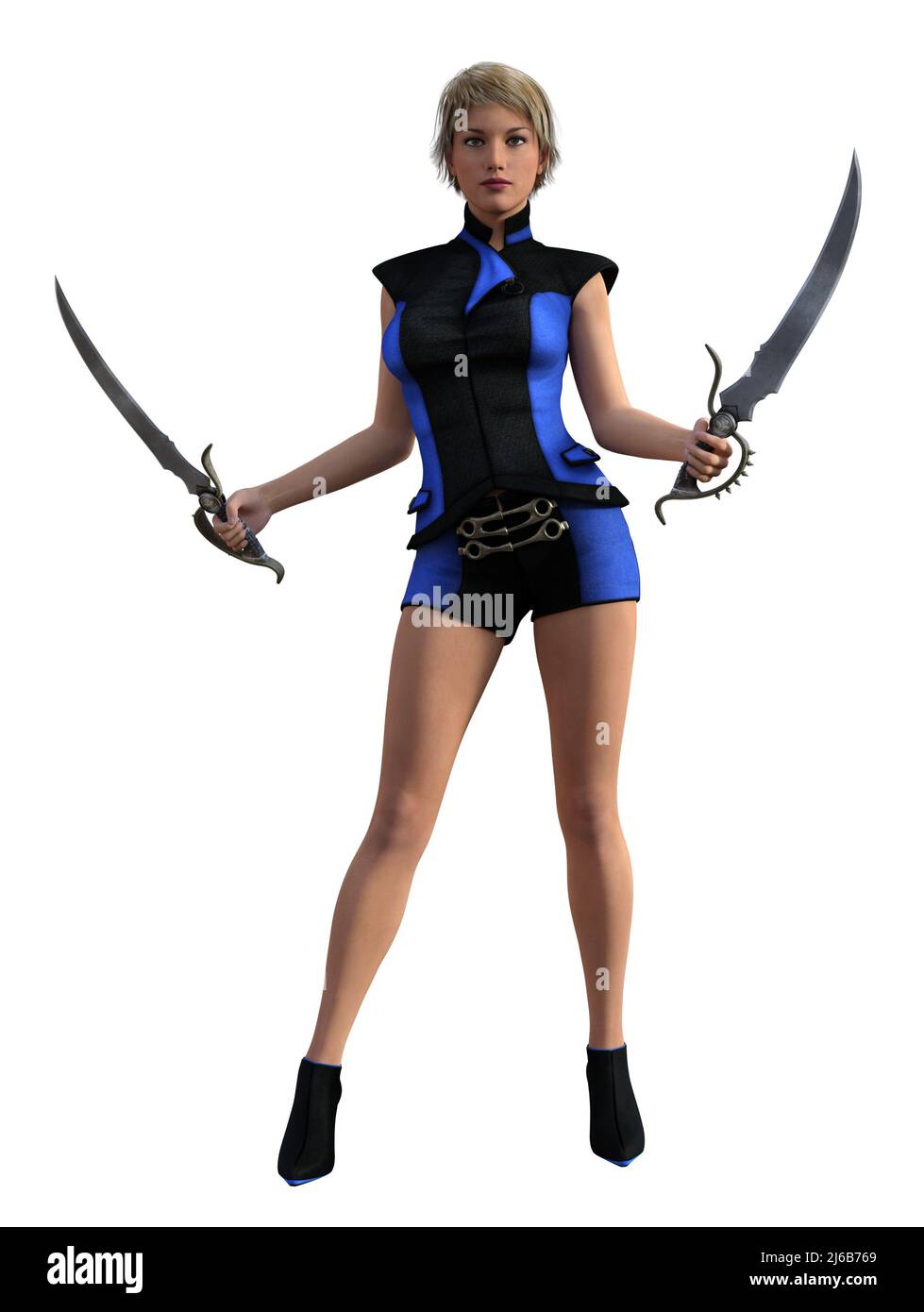 Futuristic warrior woman armed with swords, blue uniform, 3d illustration Stock Photo